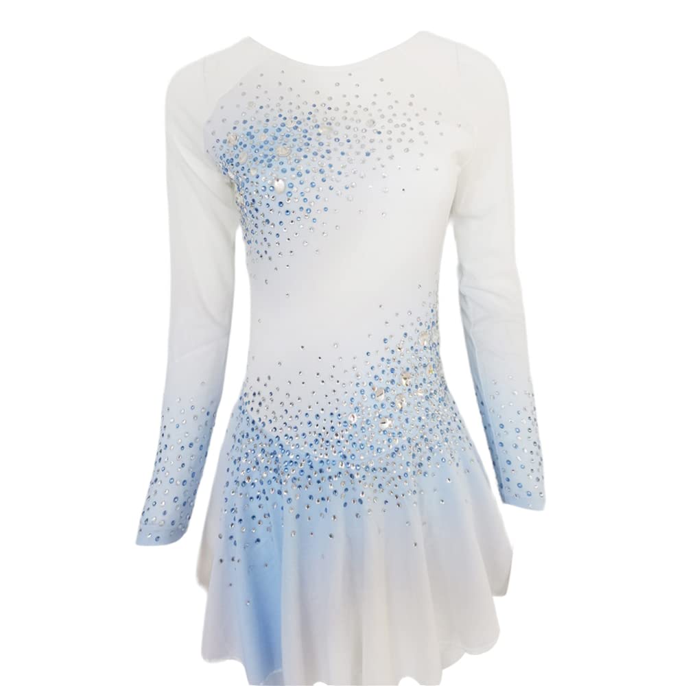 Elegant White & Light Blue Gradient Diamond Figure Skating Dress for Girls - Competition & Performance Outfit - Perfect for Ice Shows, Recitals, and Skating Events