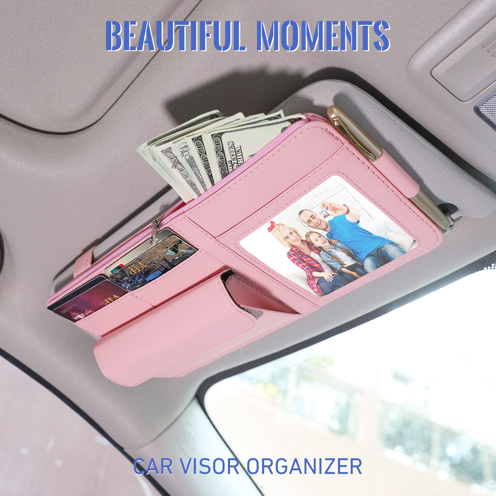 Pink Car Visor Organizer with Glasses Holder & Picture Frame - Auto Sun Visor Storage for Women - Essential Truck Accessories for Sunglasses, Cards & Photos - Perfect for Road Trips & Daily Commutes