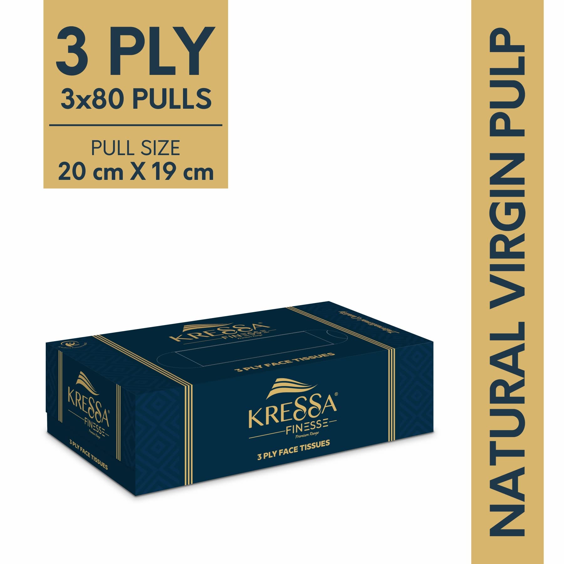 Premium Kressa 3-Ply Facial Tissues Box - 100% Natural Virgin Pulp | 3 Boxes (80 Tissues Each, Total 240) | Soft & Strong for Home, Office & Travel Use