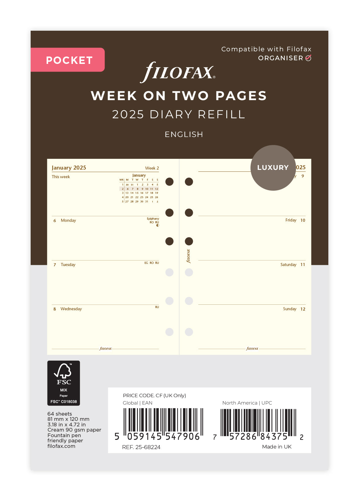 2025 Filafax Pocket Refill Planner - Week to View Organizer, Cotton Cream Paper, 81mm x 120mm - Perfect for Daily Scheduling, Personal Planning & On-the-Go Professionals