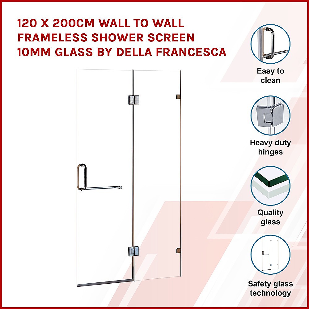 Premium 120 x 200cm Frameless Shower Screen - 10mm Tempered Glass - Wall to Wall Installation - Modern Bathroom Upgrade by Della Francesca - Perfect for Small Bathrooms & Luxury Spa Style Showers