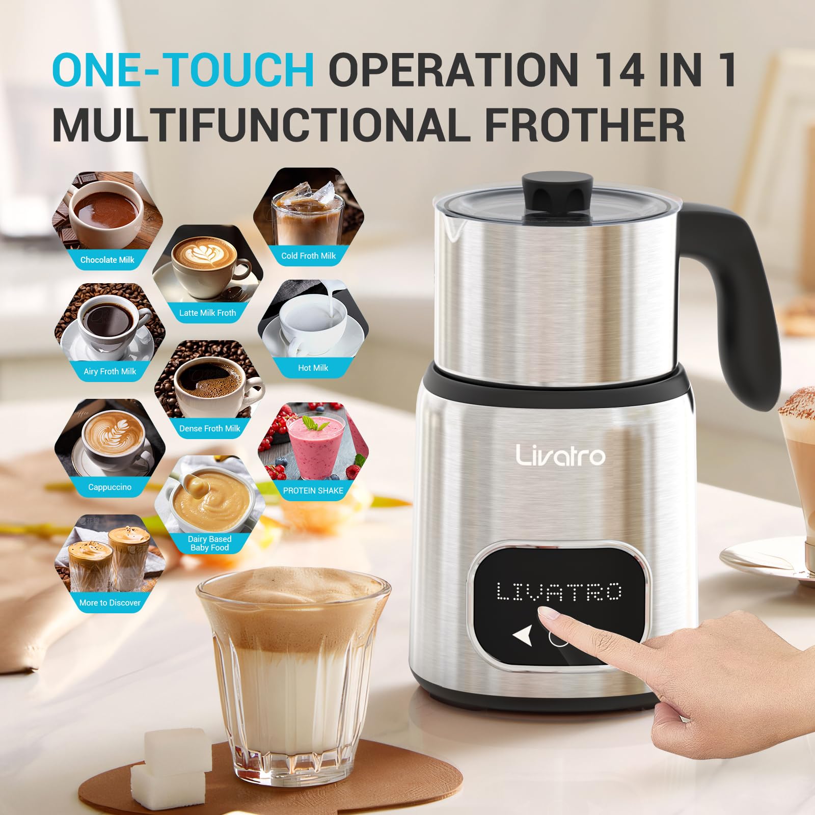 14-in-1 Electric Milk Frother and Steamer with Dual Detachable Cups (21oz & 13.5oz) - IH Fast Heating Milk Warmer for Lattes, Cappuccinos, Hot Chocolate - Smart Memory Function, Dishwasher Safe - Perfect for Home Coffee Bars, Office Use, and Gift Giving