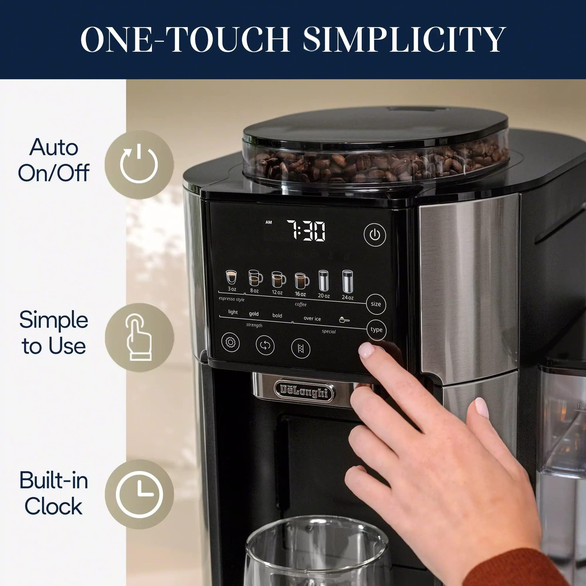 De'Longhi TrueBrew Drip Coffee Maker with Built-in Grinder - Single Serve (8 oz to 24 oz) for Hot & Iced Coffee - Stainless Steel (CAM51025MB) - Perfect for Home, Office & Small Kitchens