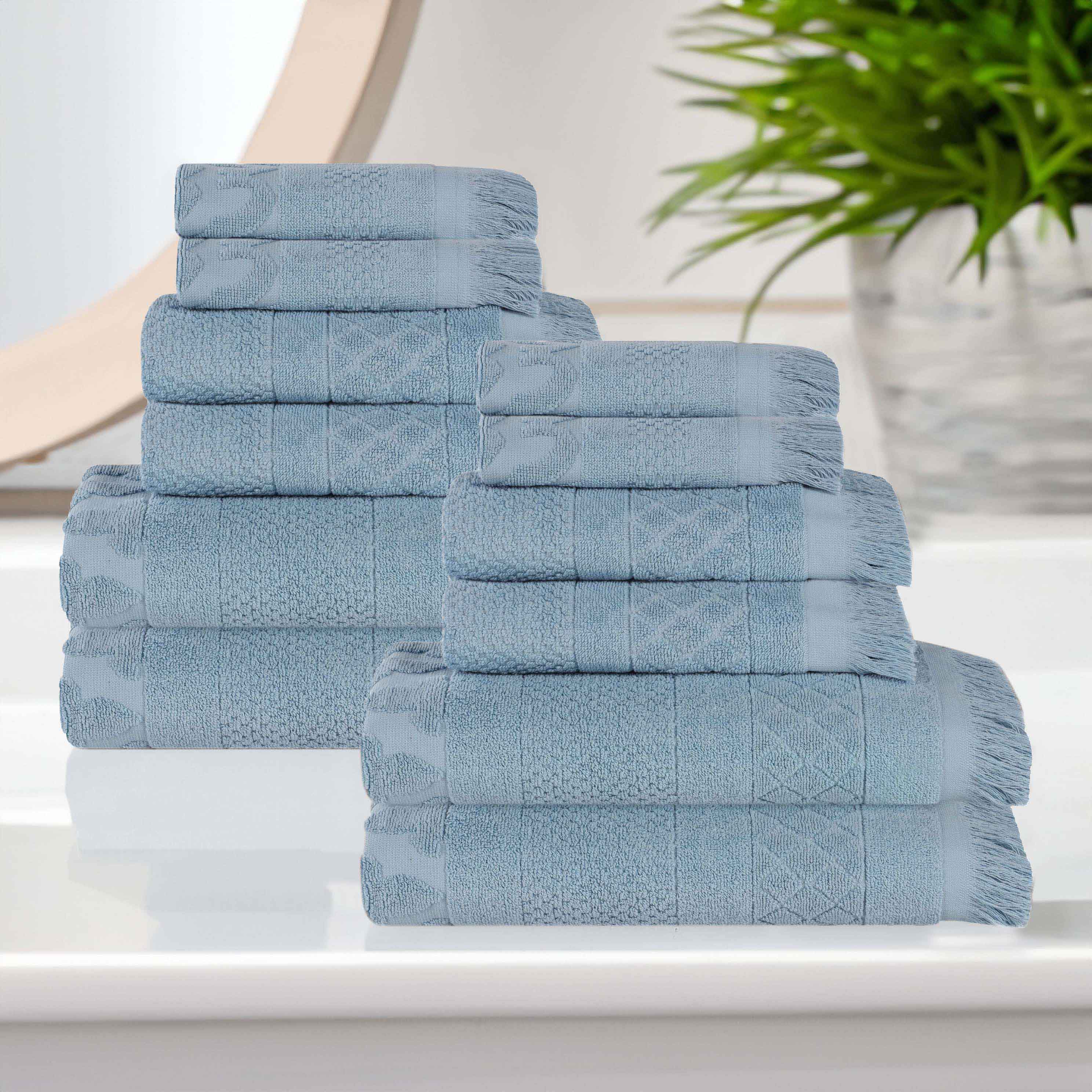 Rolla Cotton Geometric Jacquard Plush Soft Absorbent 12-Piece Bath Towel Set | Luxury Spa & Guest Bathroom Essentials