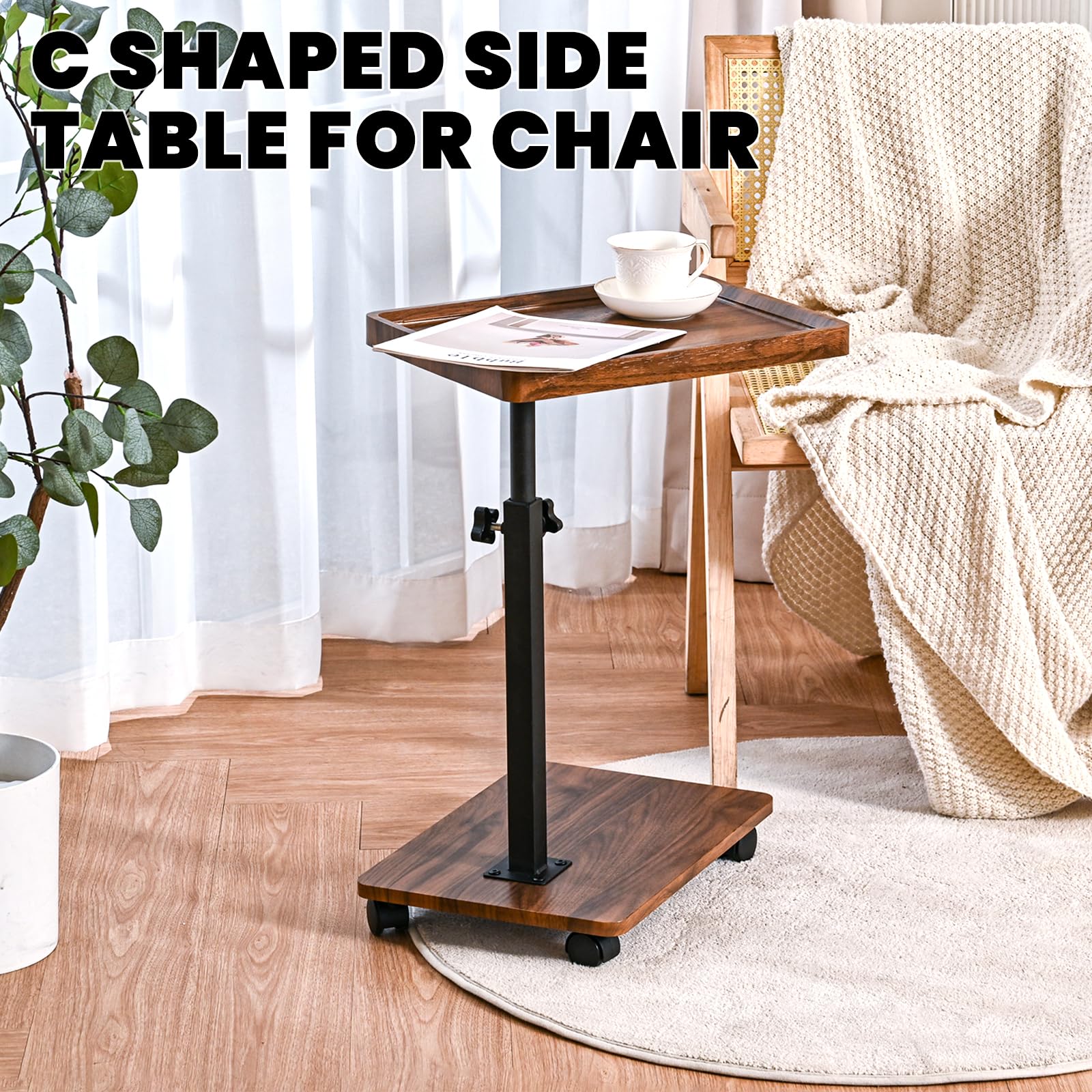 Adjustable Height C-Shaped End Table with 360° Swivel - Walnut Color Side Table for Couch, Bed, Chair & Bathtub - Perfect for Snacks, TV Trays & Sliding Under Furniture