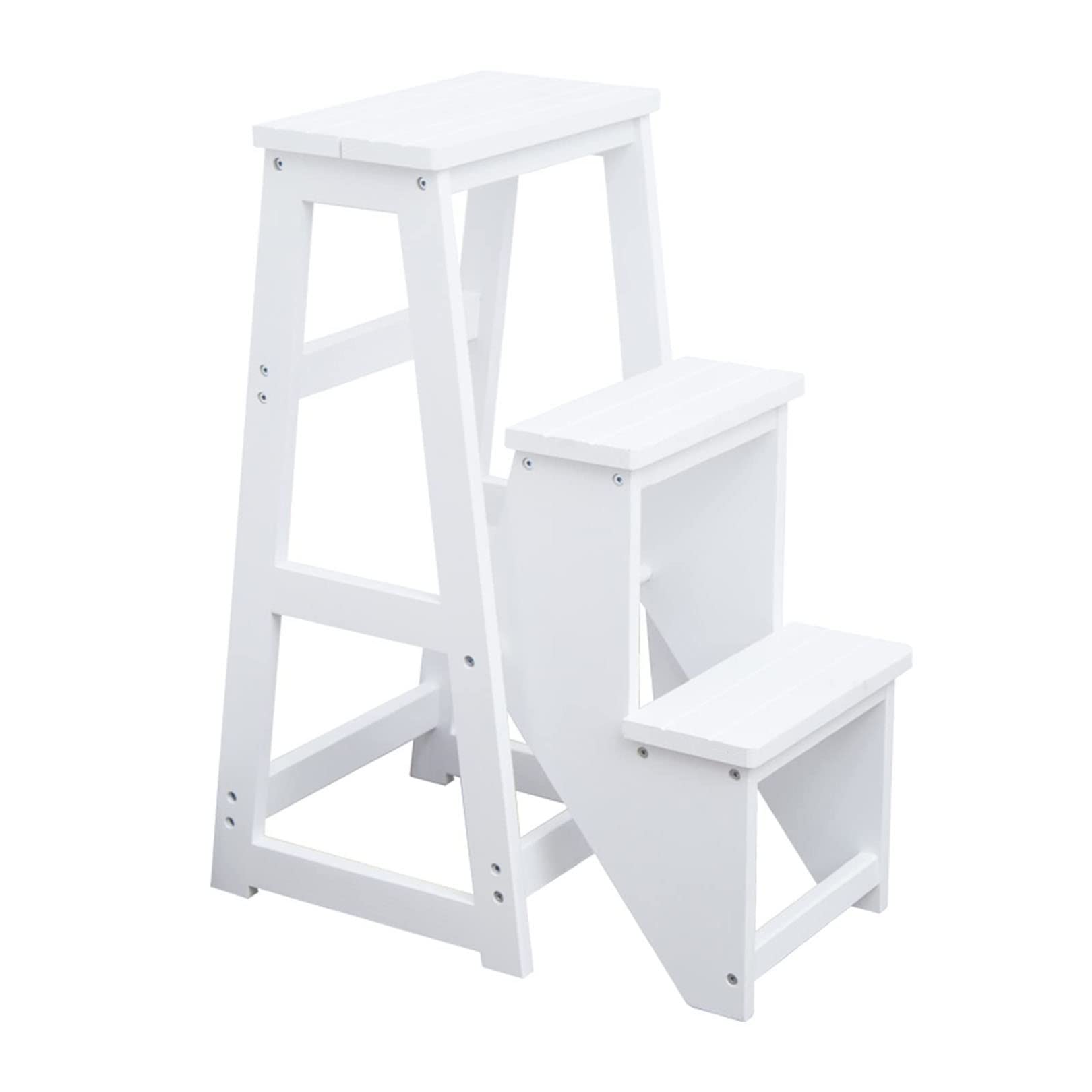 DIOB Folding White Stool with Wooden Step Ladder - Portable 3-Step Stool Chair for Home, Kitchen, Loft, Camping - Multi-Purpose Foot Stool for Indoor & Outdoor Use