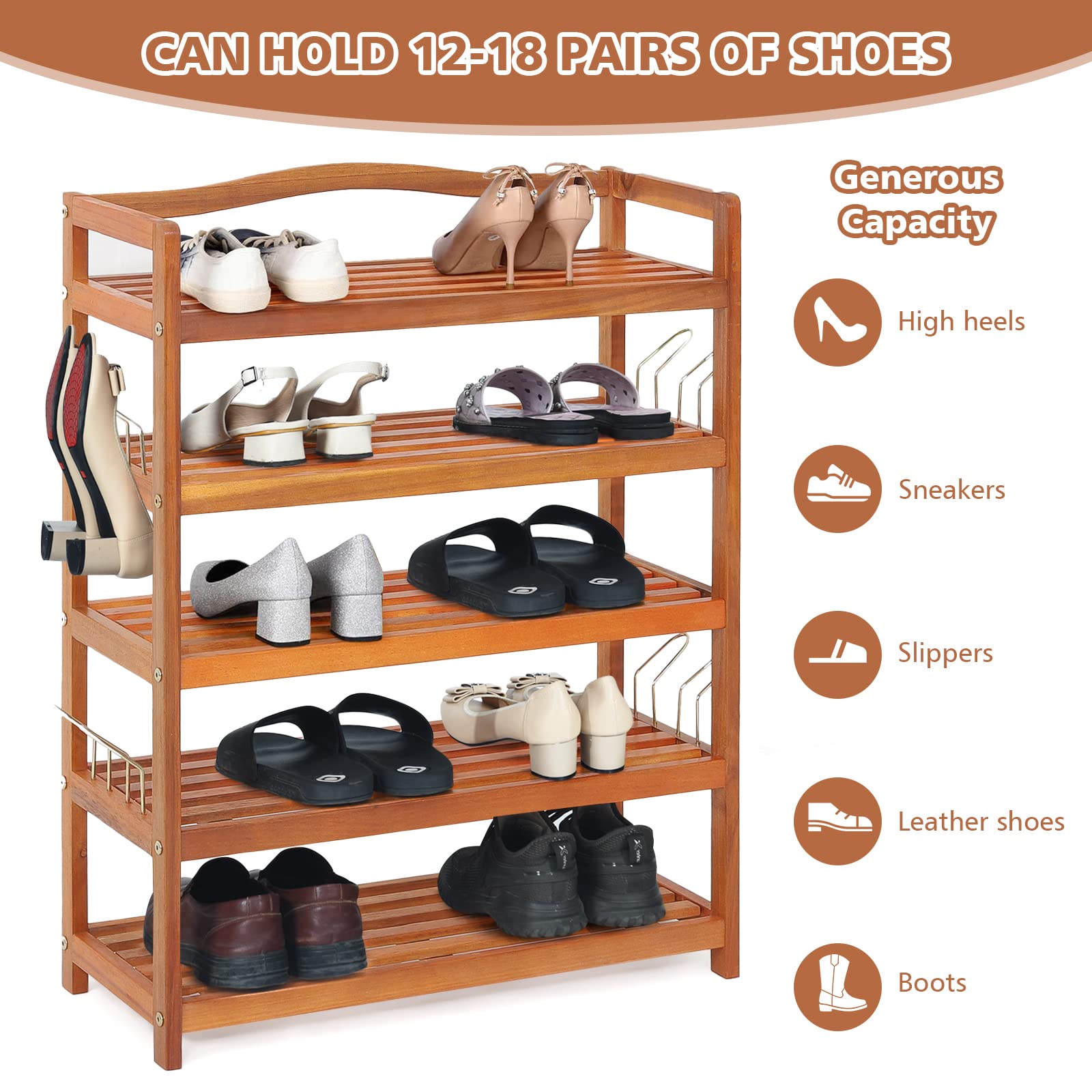 Giantex 5-Tier Acacia Wood Shoe Rack with Metal Hooks - Holds 12-18 Pairs of Shoes - Sturdy Shoe Organizer & Storage Shelf for Entryway, Hallway or Closet (25