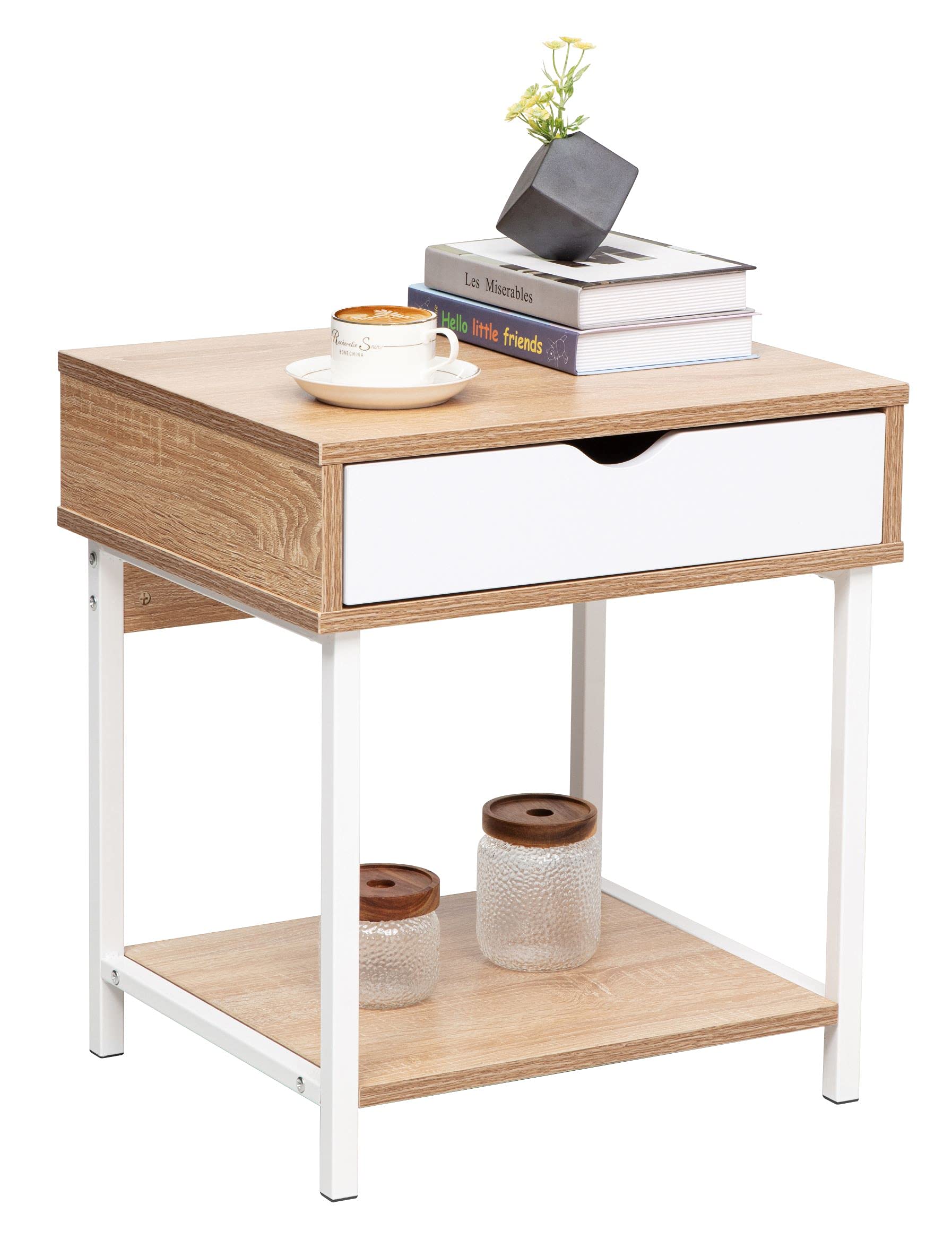 JJS Side End Table with Drawer and Storage Shelves - Nightstand, Bedside Table, Sofa Table for Living Room & Bedroom - Easy Assembly Oak/White Accent Furniture - Perfect for Small Spaces, Apartments and Dorm Rooms
