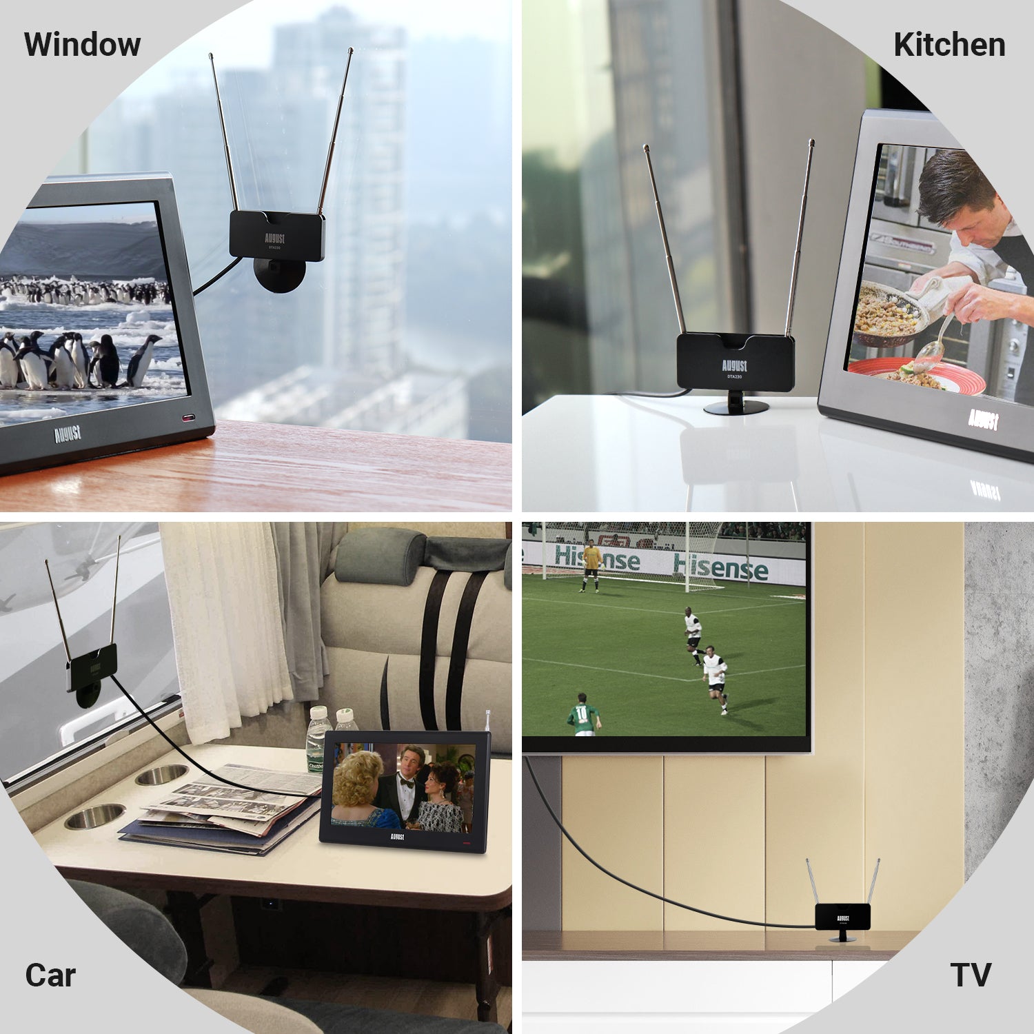 Refurbished August DTA230 Telescopic Window Mount Freeview Digital TV Antenna - Indoor HD Reception for Home, RV & Camping