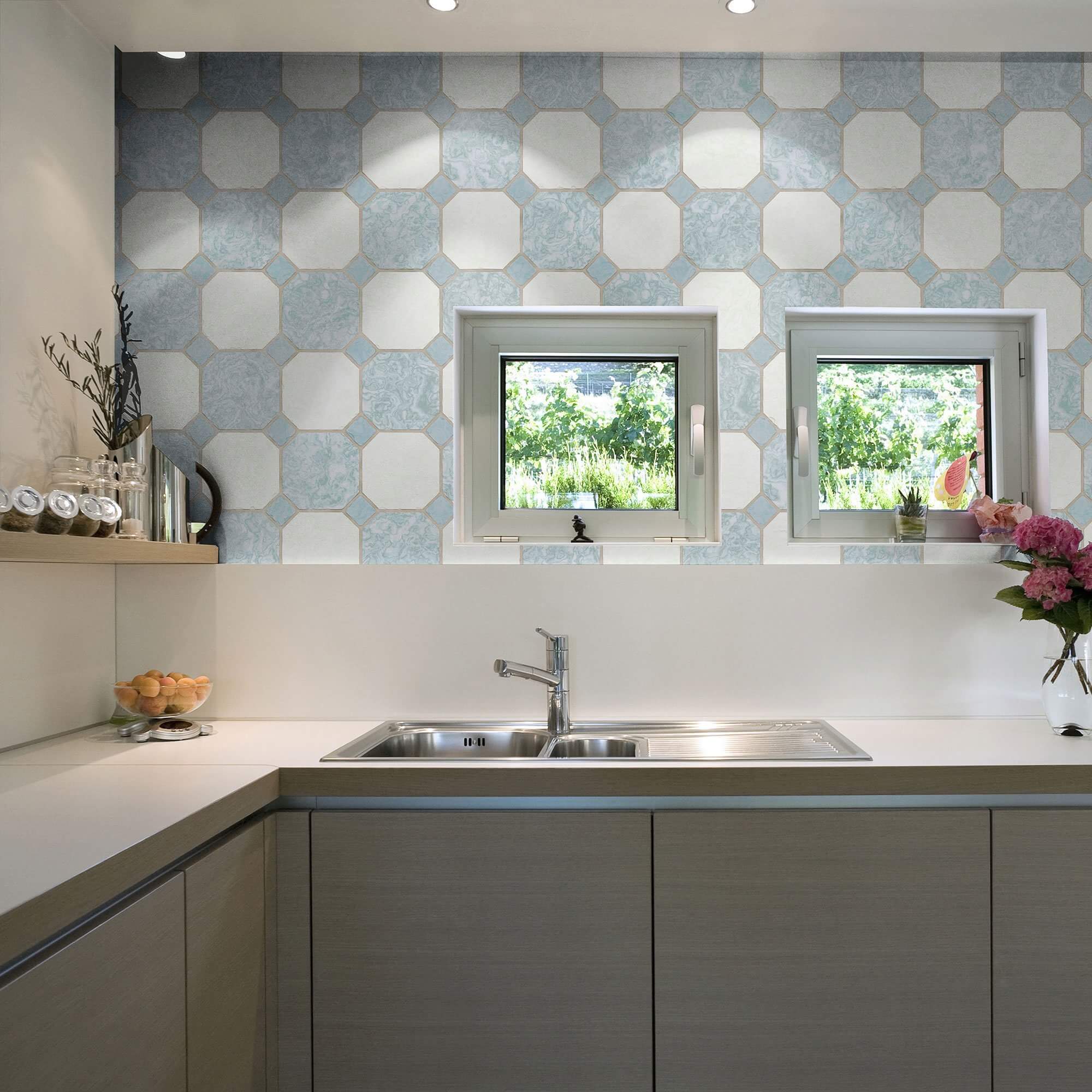 Beige and Blue Tile Pattern Peel and Stick Removable Wallpaper - Self-Adhesive Wall Tile Decals for Kitchen Backsplash, Bathroom, and Home Decor