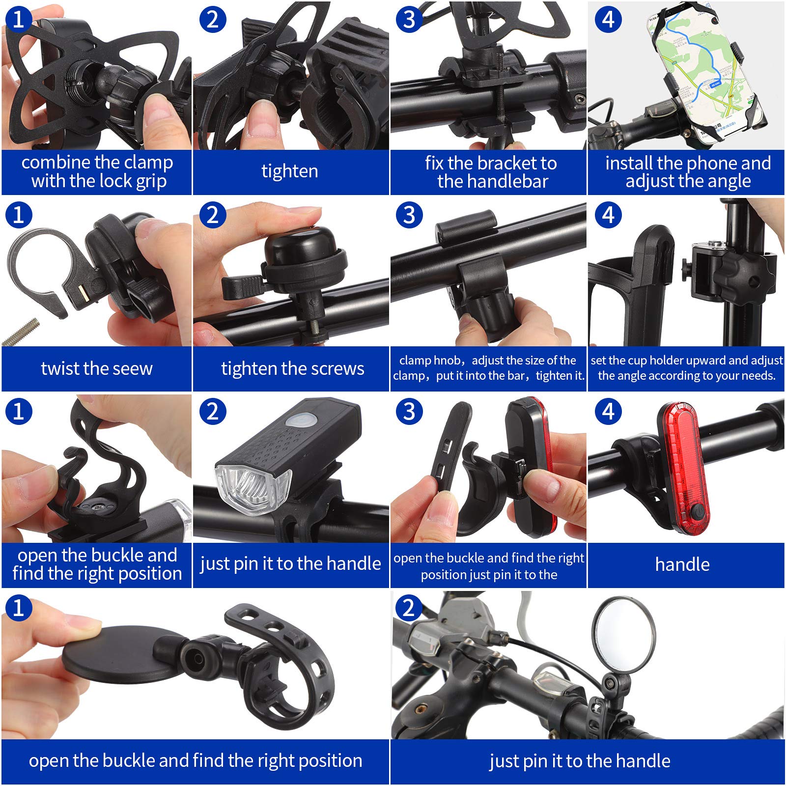 7-Piece Bicycle Accessories Set - Silicone Phone Mount, Aluminum Bike Bell, 360° Rotatable Cup Holder, 2 USB Rechargeable Bike Lights & Wide Angle Mirrors - Perfect for Commuting, Cycling & Outdoor Adventures