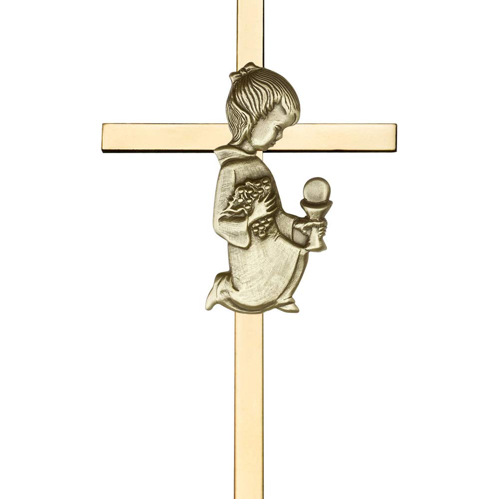 Antique Communion Girl Figurine on 4 Inch Polished Brass Cross - Religious Jewelry for Baptism, First Communion & Christian Gifts - Perfect for Church Events, Home Decor & Spiritual Collections