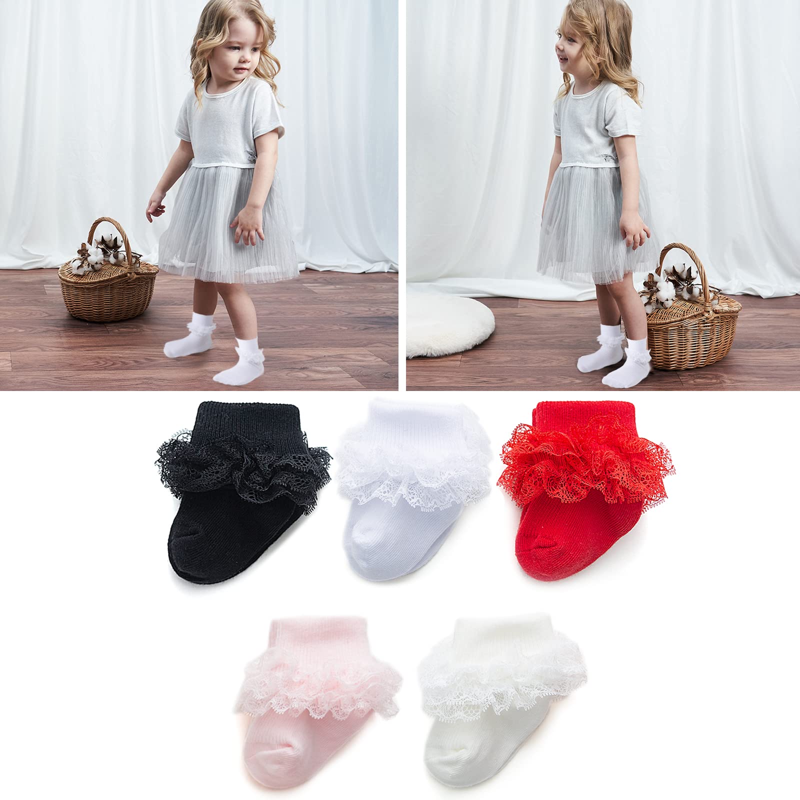 Adorable Baby Girl Socks with Eyelet Triple Lace Ruffles - 2/3/5 Pairs Ankle Dress Socks for Newborns, Infants & Toddlers - Perfect for Special Occasions, Photo Shoots & Everyday Wear