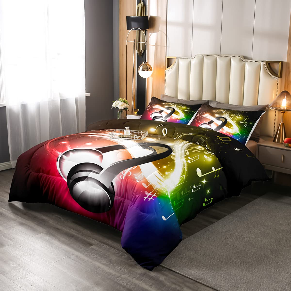 Erosebridal Musical Note Headphone Comforter Set - Hipster Bedding for Kids, Teens & Adults - Rock Hip Hop Grunge Style Duvet Cover with Headset Design - Twin Size Bedding Set - Perfect for Music Lovers' Bedroom Decor & Teen Room Makeover