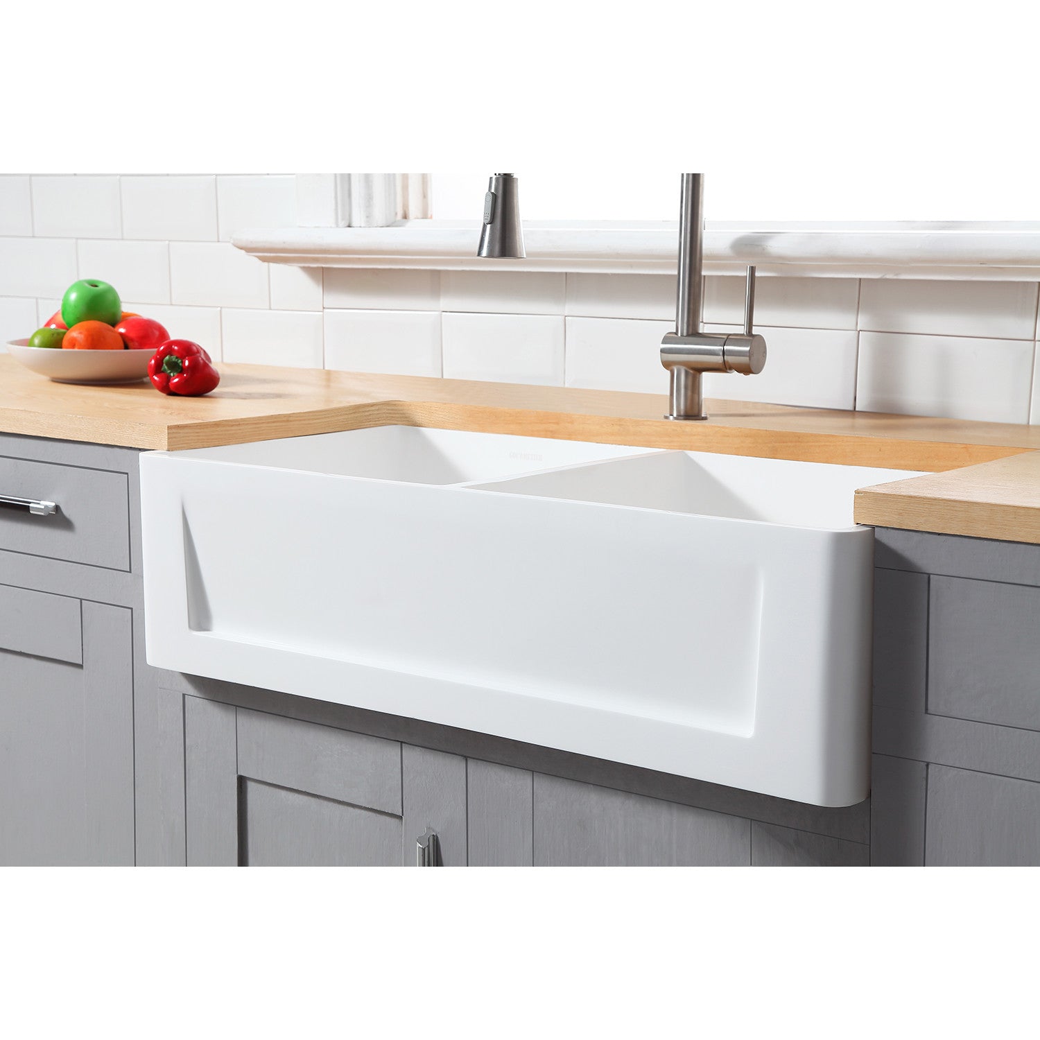 Arcticstone 36 Inch White Farmhouse Kitchen Sink - Double Bowl Apron Front Solid Surface Sink with 2 Strainers, Matte Finish - Perfect for Modern Farmhouse & Rustic Kitchen Designs