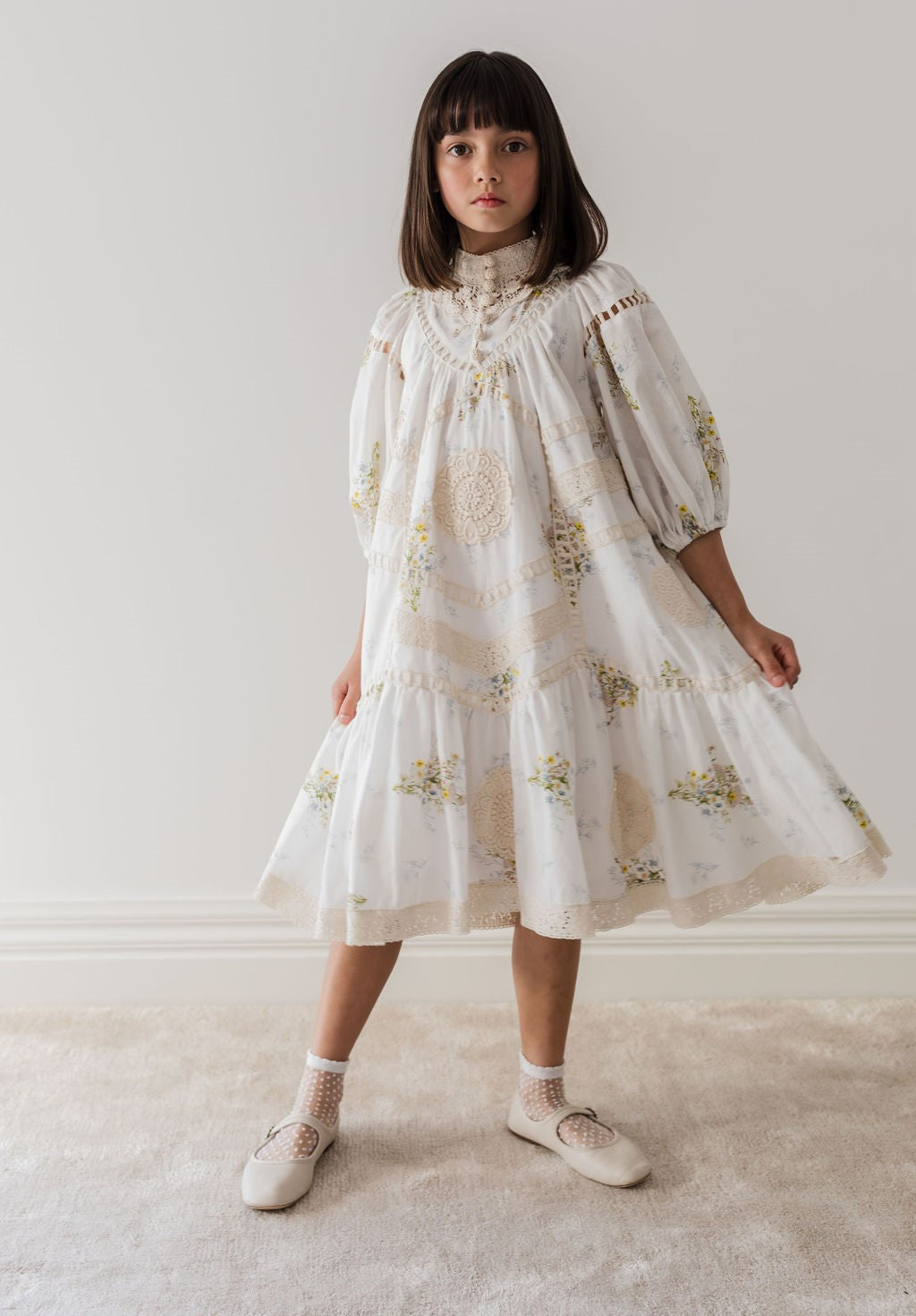 Petite Amalie Doily Applique Voile Spring Meadow Print Dress - Floral Summer Dress for Women, Boho Chic Style, Perfect for Garden Parties & Outdoor Events