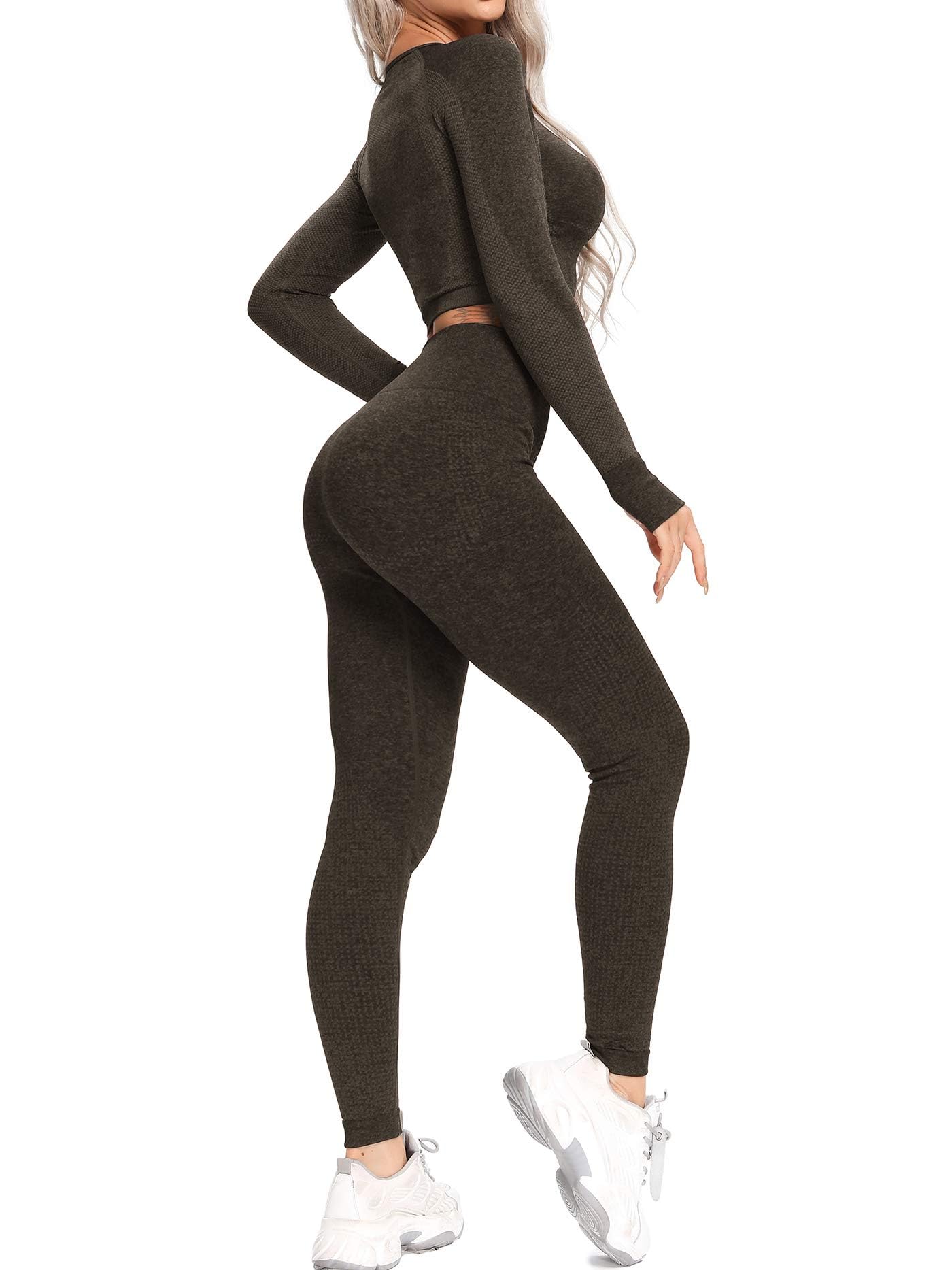 Seamless High Waist Yoga Leggings & Long Sleeve Crop Top 2-Piece Workout Set for Women - Gym, Yoga & Running Outfit
