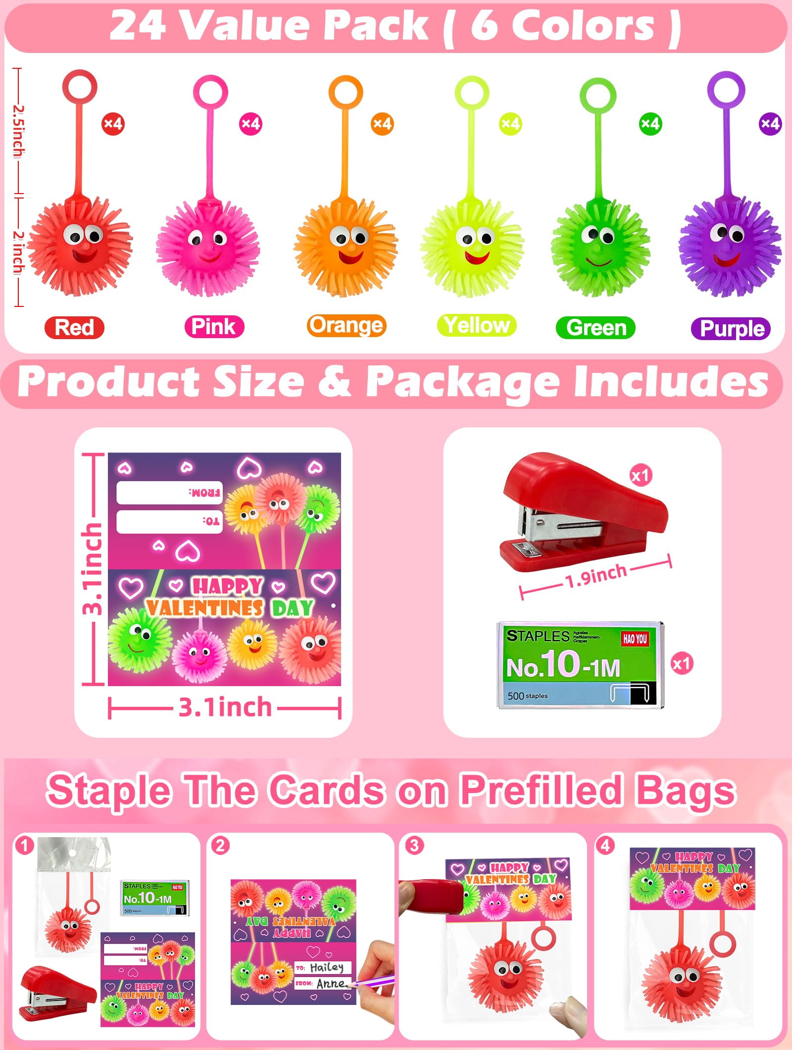 24 Pack Valentine's Day Gifts for Kids - Prefilled Cards with Fidget Toys, Flashing Light Puffer Balls | Bulk Party Favors for Classroom Exchange, Birthday Prizes | Perfect for School Celebrations, Holiday Gifts & Kids' Party Activities