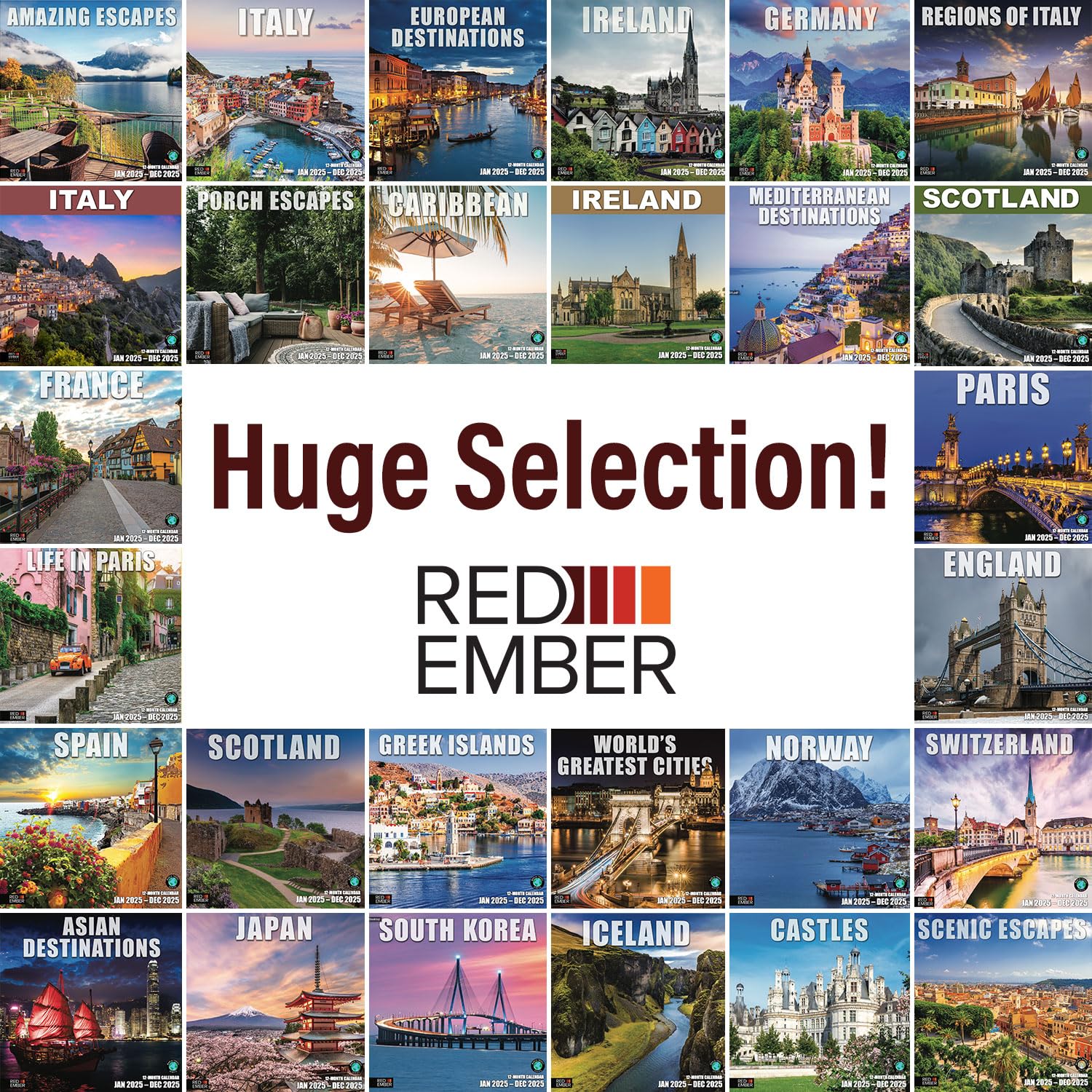 RED EMBER Spain 2025 Wall Calendar - 12 Month Large 12x24 Inch with Thick Sturdy Paper | Perfect Gift for Travel Lovers | European Vacation & Home Office Decor Inspiration