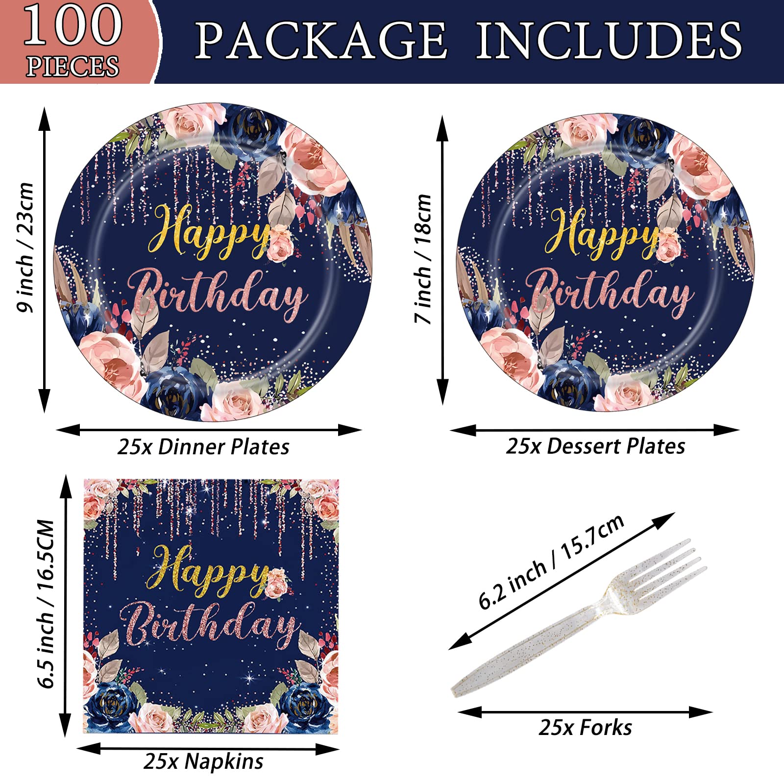 100 Pcs Pastel Birthday Party Supplies Set - Disposable Paper Plates, Napkins & Forks for 25 Guests - Happy Birthday Decorations & Tableware - Perfect for Baby Showers, Kids Parties & Celebrations