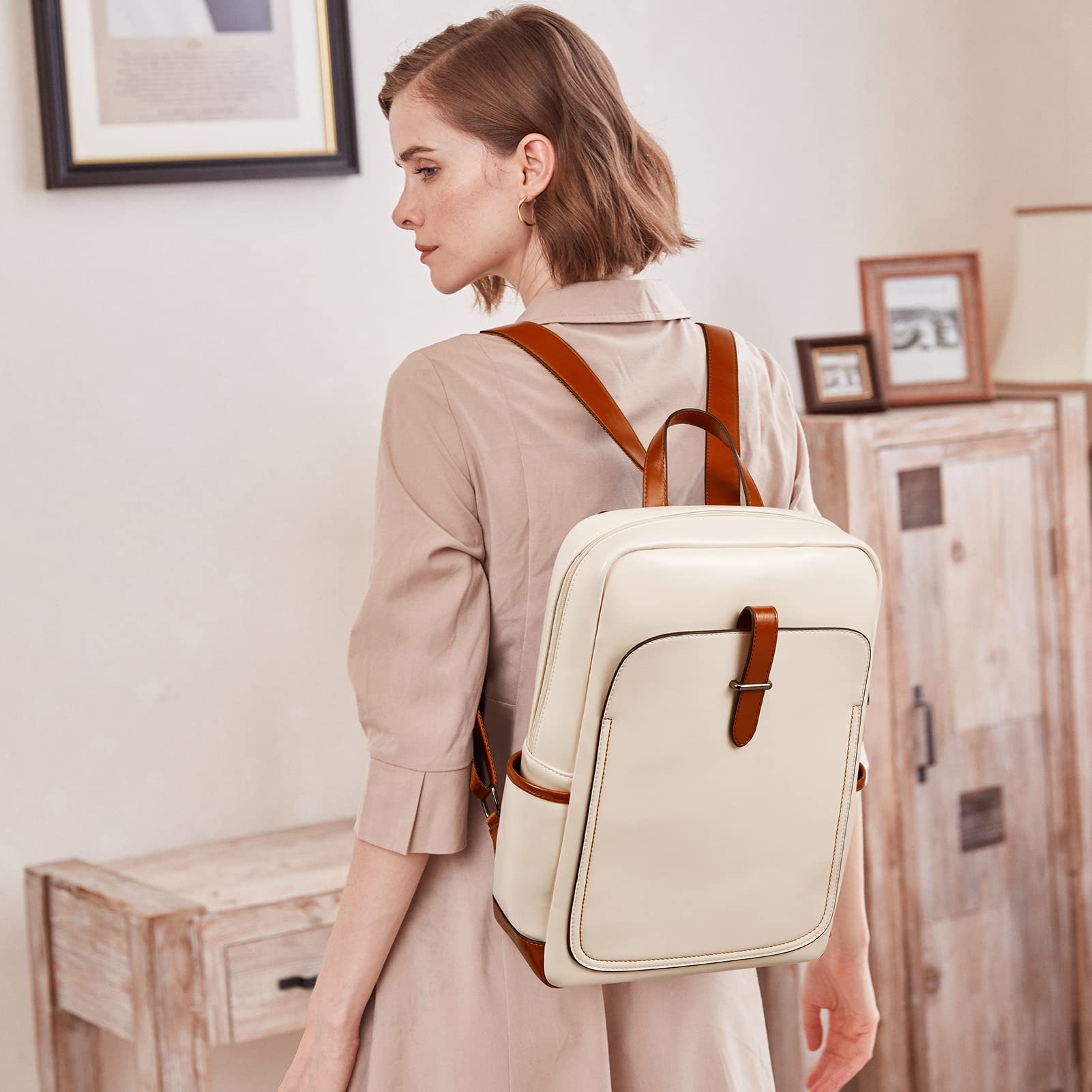 BROMEN Genuine Leather Laptop Backpack for Women - 15.6 Inch Business Computer Bag, College Backpack with USB Charging Port & Anti-Theft Pocket - Perfect for Work, Travel & School Commute