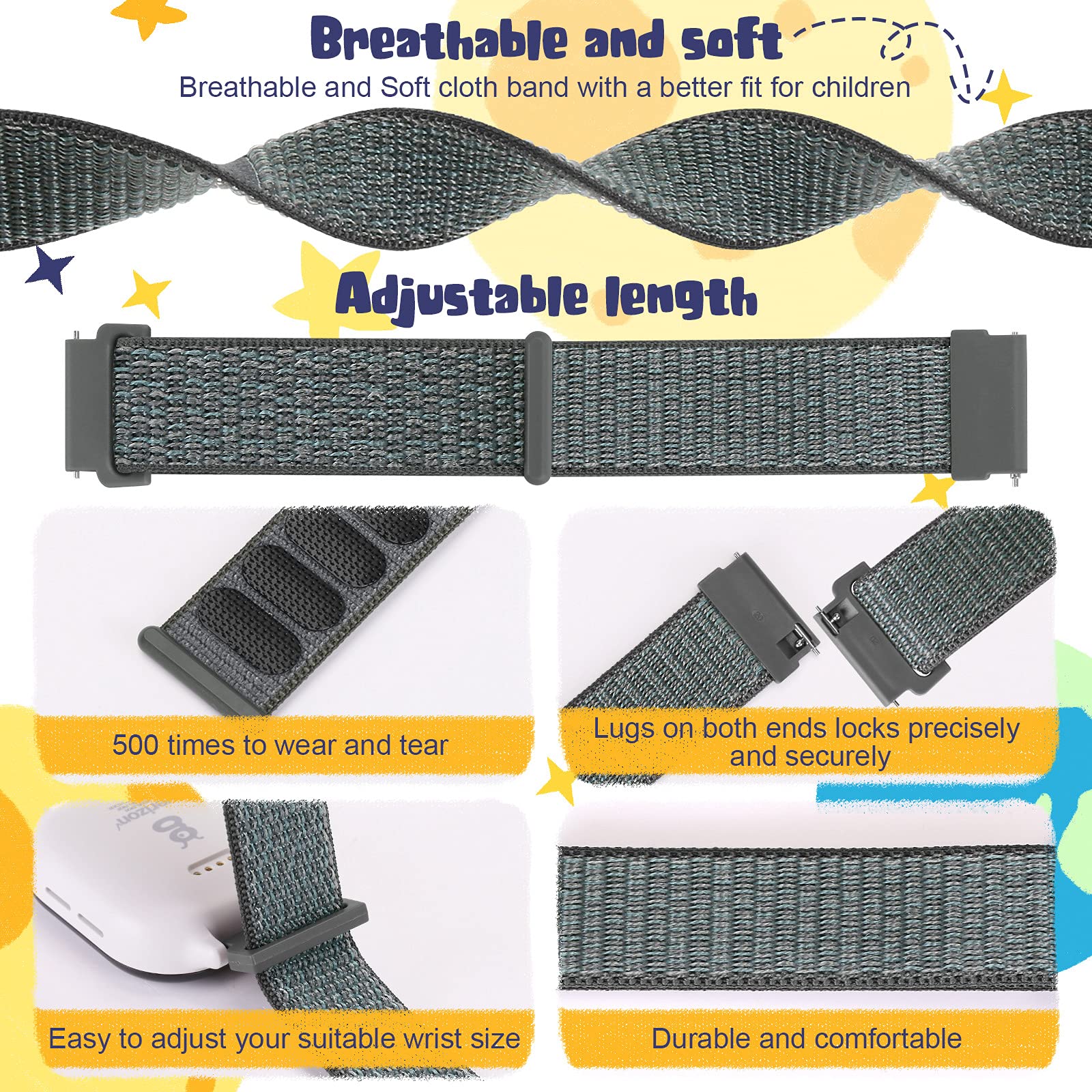 MHunter Kids Nylon Watch Band - 20mm Soft Breathable Sport Hook Loop Strap for Gizmo Watch 3 2 1 / Gabb Watch 3 2 1 / SyncUP Watch - Durable Replacement Smartwatch Bands for Boys & Girls - Perfect for School, Sports & Outdoor Activities