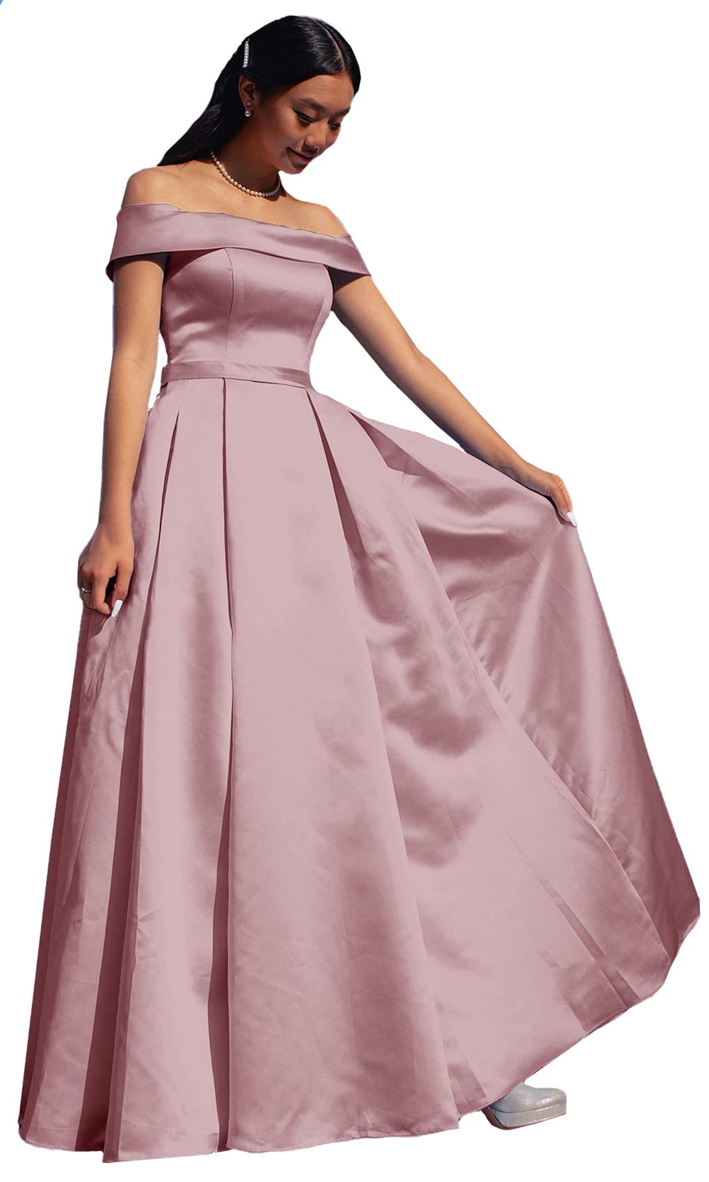 ANGELWARDROBE Women's Long Off Shoulder Prom Dresses - Satin A-Line Formal Evening Gowns with Slit Pockets for Homecoming, Wedding, and Party Occasions