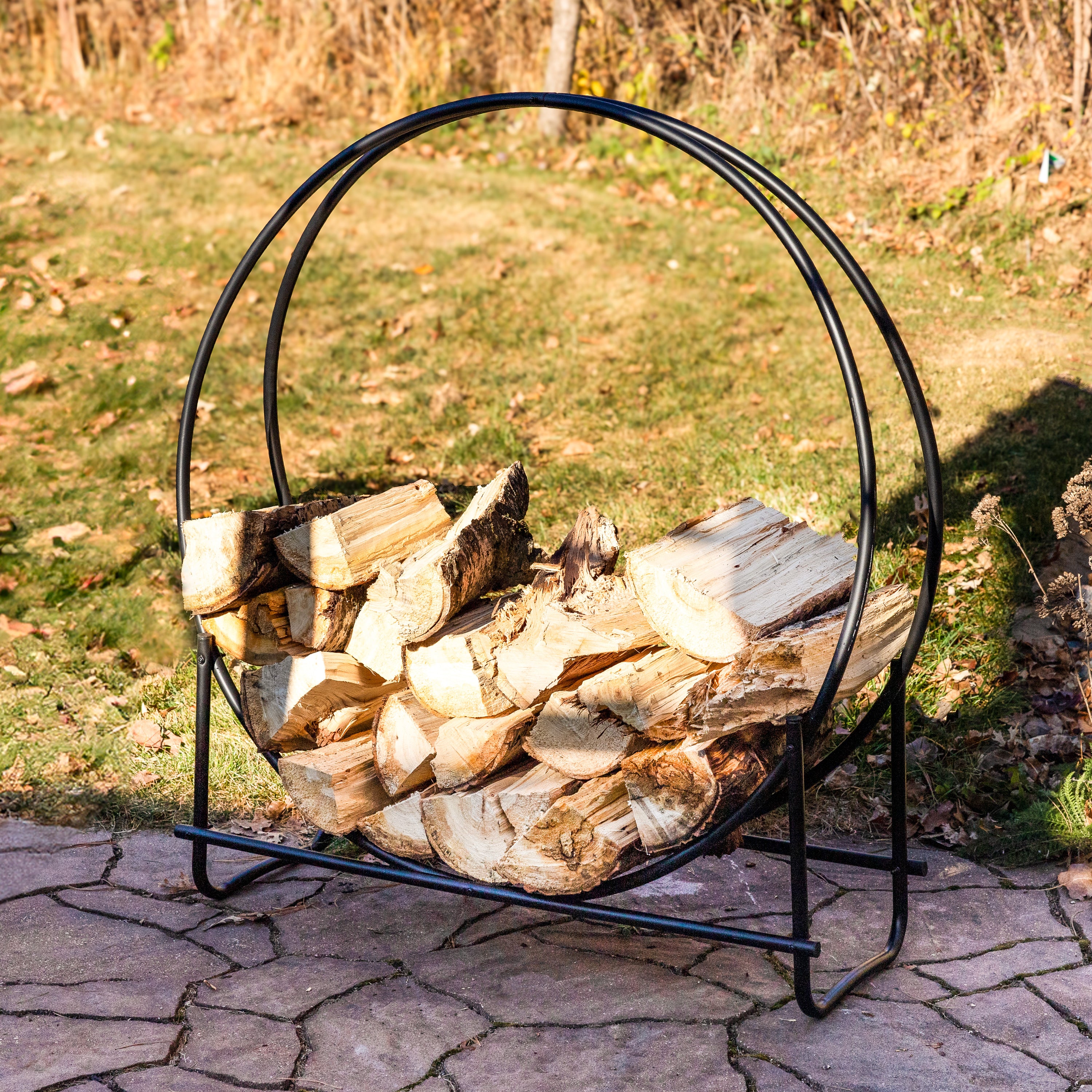 Sunnydaze Outdoor Round Fire Pit Firewood Rack - Heavy Duty Steel Log Holder for Camping, Backyard, Patio & Fireplace Storage