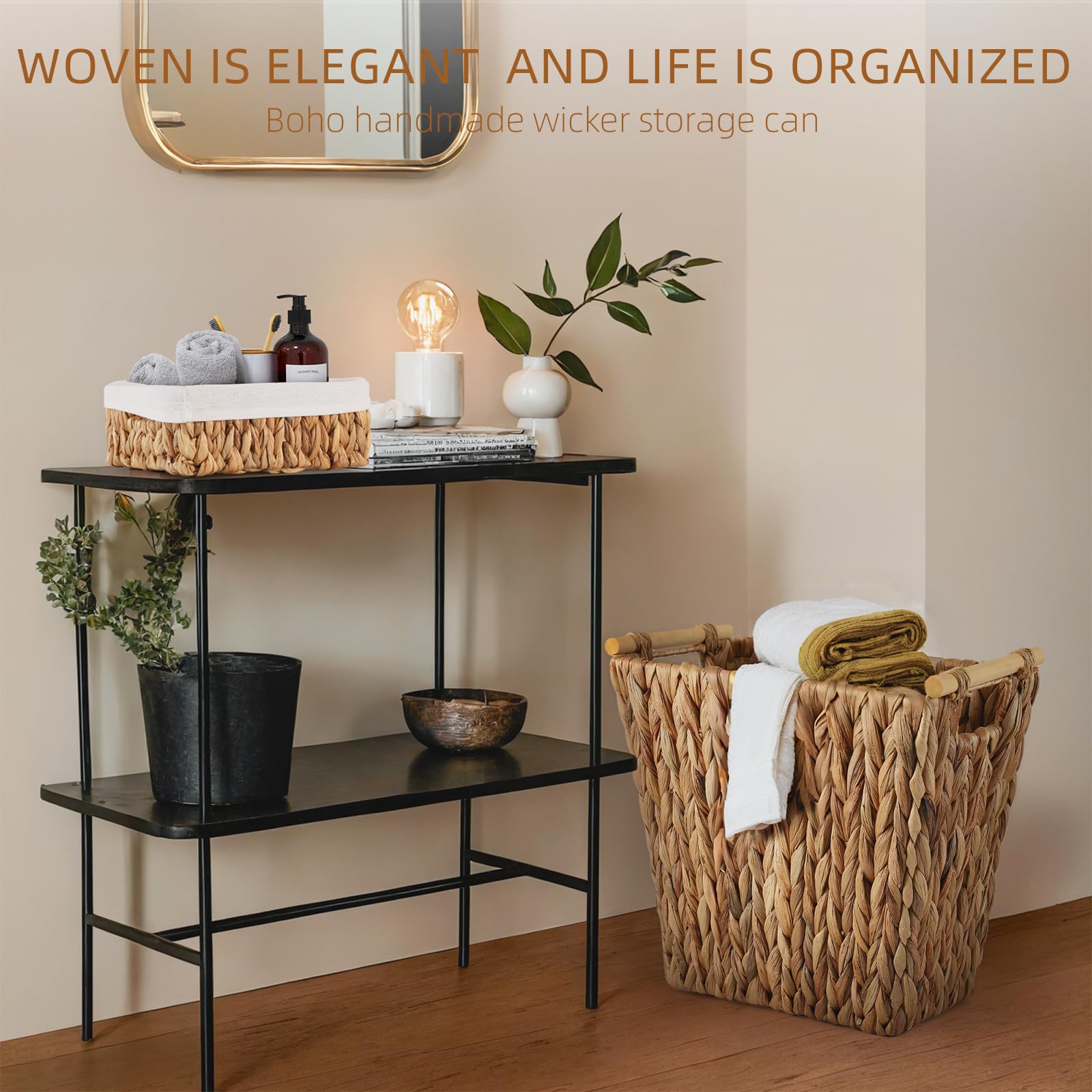 **3.5 Gallon Waterproof Wicker Storage Basket - Handwoven Brown Narrow Small Trash Can for Bathroom, Bedroom & Office | Eco-Friendly & Stylish Home Organization**    *(Perfect for storing towels, toiletries, magazines, or office supplies – adds rustic charm to any space!)*