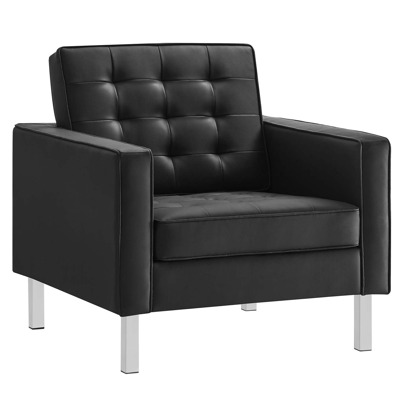 Modway Loft Tufted Button Faux Leather Accent Armchair - Silver Black Upholstered Living Room Chair for Home Office, Lounge & Reading Nook