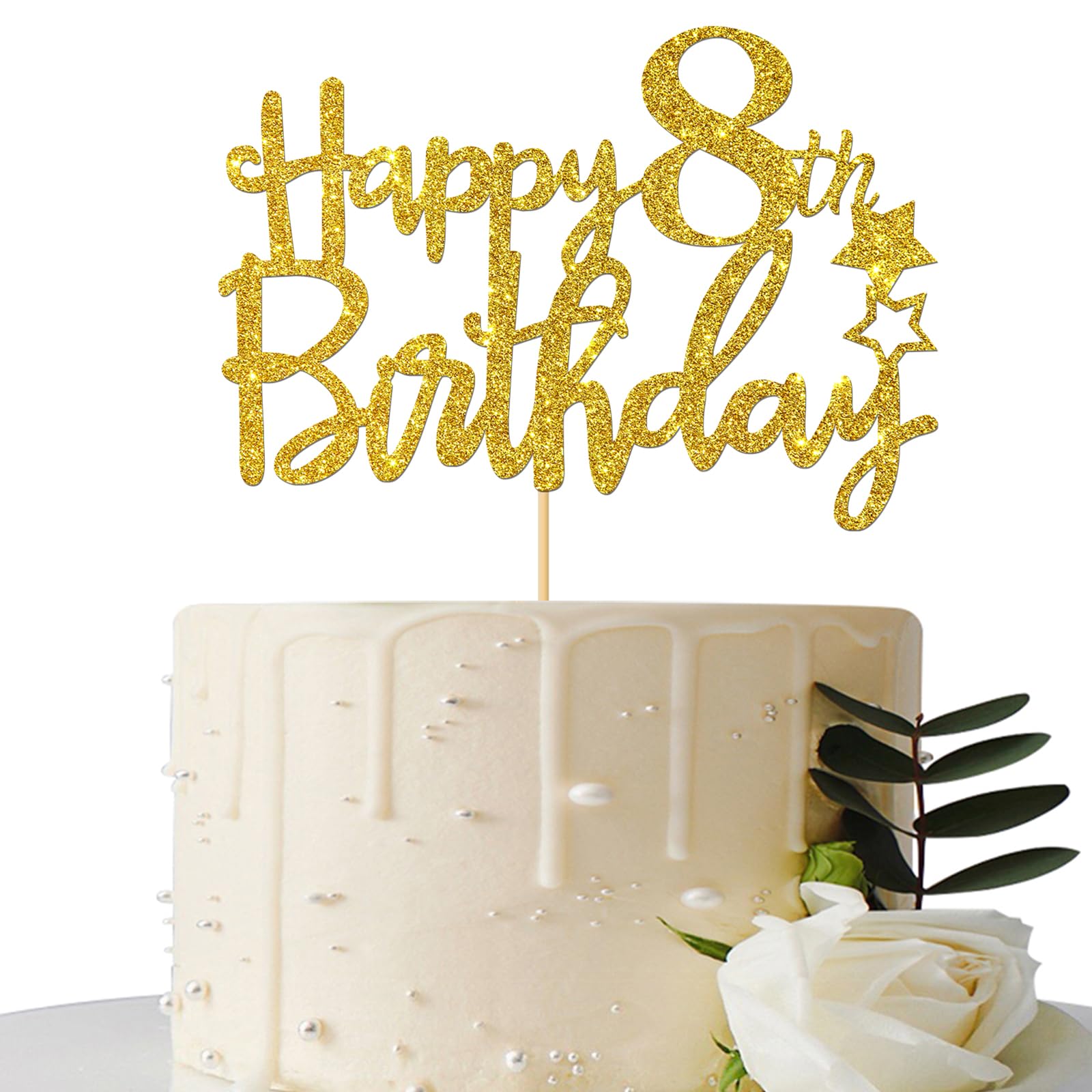 Gold Glitter Happy 8th Birthday Cake Topper - 8 Sign Cake Decoration - Cheers to 8 Years Party Supplies - 8th Birthday Party Decorations for Girls & Boys - Perfect for Birthday Cakes, Cupcakes & Dessert Tables