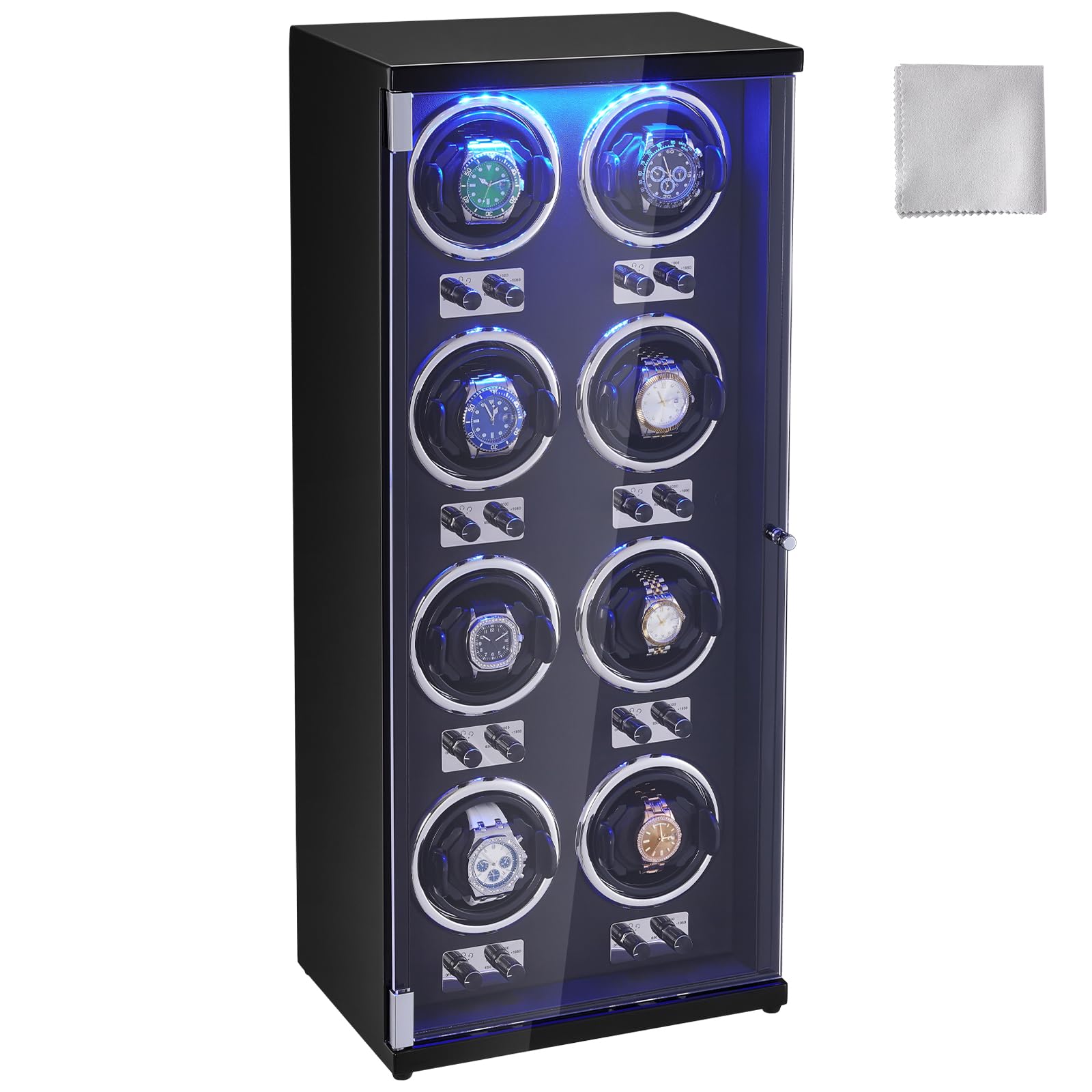 VEVOR 8 Watch Winder Box for Automatic Watches - Quiet Japanese Motor, LED Light, Adjustable Speed & Direction - Perfect for Rolex, Omega Luxury Watch Storage & Display (Black) | Home Office & Travel Use