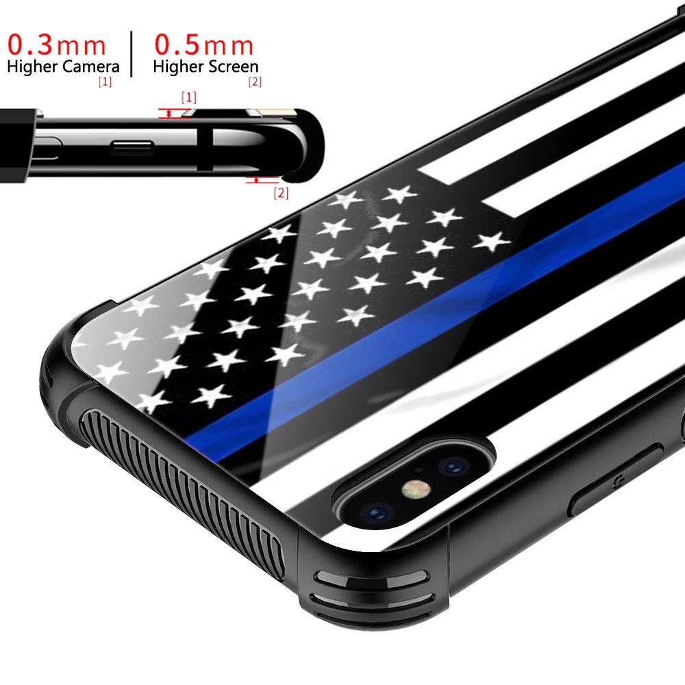 American Flag iPhone Xs Max Case - Blue Line Design with Tempered Glass Back & Soft Silicone TPU Shock Protection | Durable Cover for Everyday Use, Travel & Outdoor Activities