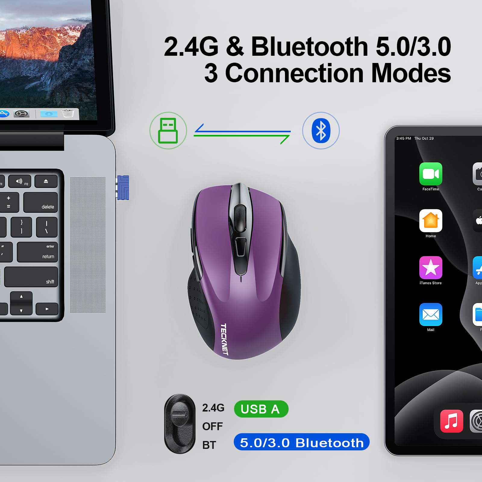 TECKNET Bluetooth Wireless Mouse - Rechargeable BT5.0/3.0 & 2.4G Dual Mode, Silent Click 4800DPI Ergonomic Mouse with USB Receiver, 8-Button Portable Computer Mouse for PC, Mac, Laptop - Perfect for Office Work, Gaming, and Travel Use
