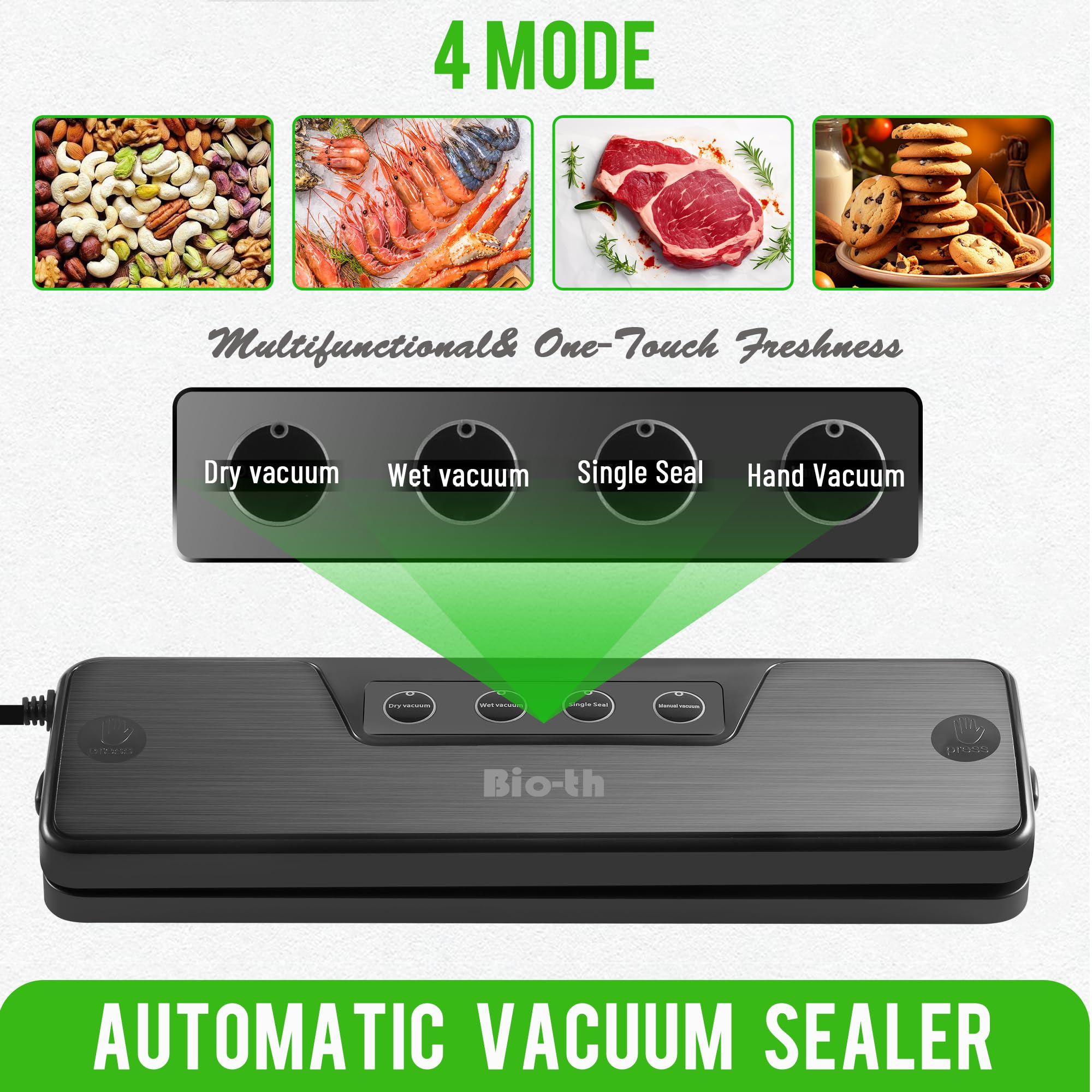 Bio-th Vacuum Sealer Machine for Food Preservation | Compact & Powerful Food Saver with Dry/Wet Modes | Includes 15 Large 20x30cm Sealing Bags | One-Touch Operation & Overheat Protection | Perfect for Meal Prep, Sous Vide, and Long-Term Food Storage