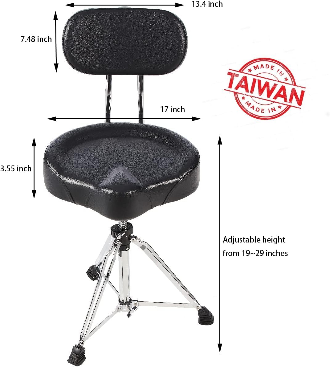 Premium Adjustable Drum Throne Stool with Large Backrest - Motorcycle Style Seat for Drummers | Made in Taiwan | Comfortable Percussion Stool for Drum Sets, Practice Sessions & Live Performances