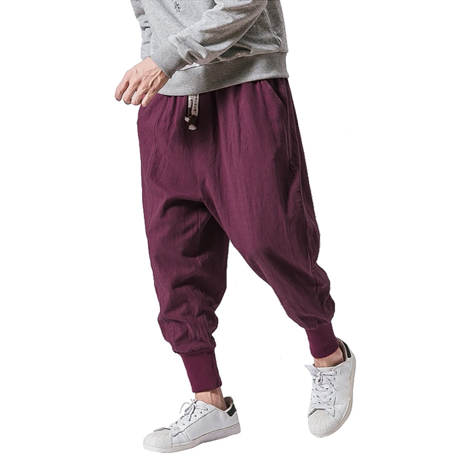 QWENTMTNTY Men's Cotton-Linen Casual Pants with Elastic Waist - Drop-Crotch Solid Joggers in Red | Comfortable Lounge Pants for Home, Travel & Outdoor Activities