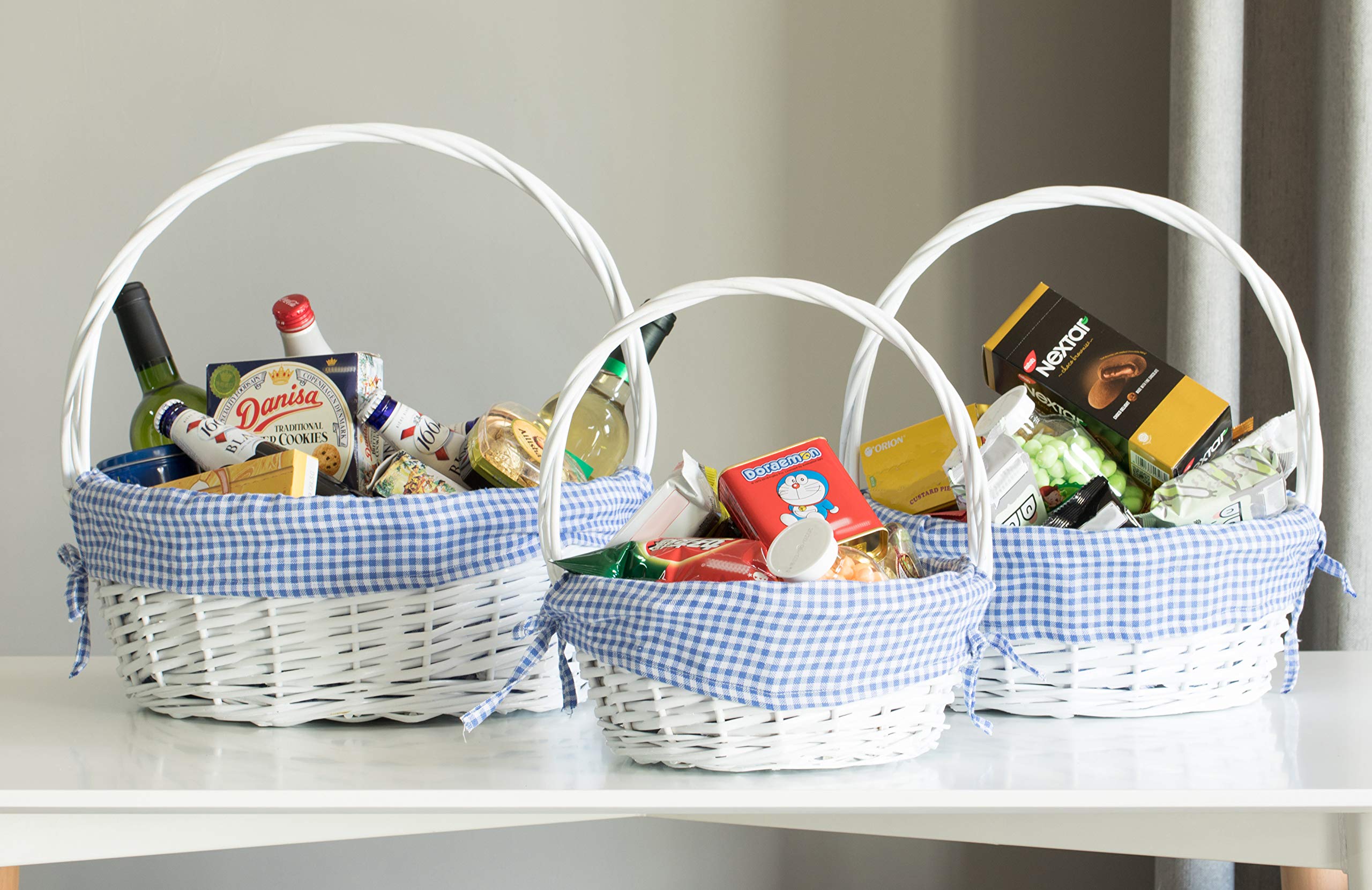 Premium White Round Willow Gift Baskets with Blue Gingham Liner & Handle - Set of 3 for Home Decor, Wedding Favors, Easter Gifts & Party Decorations