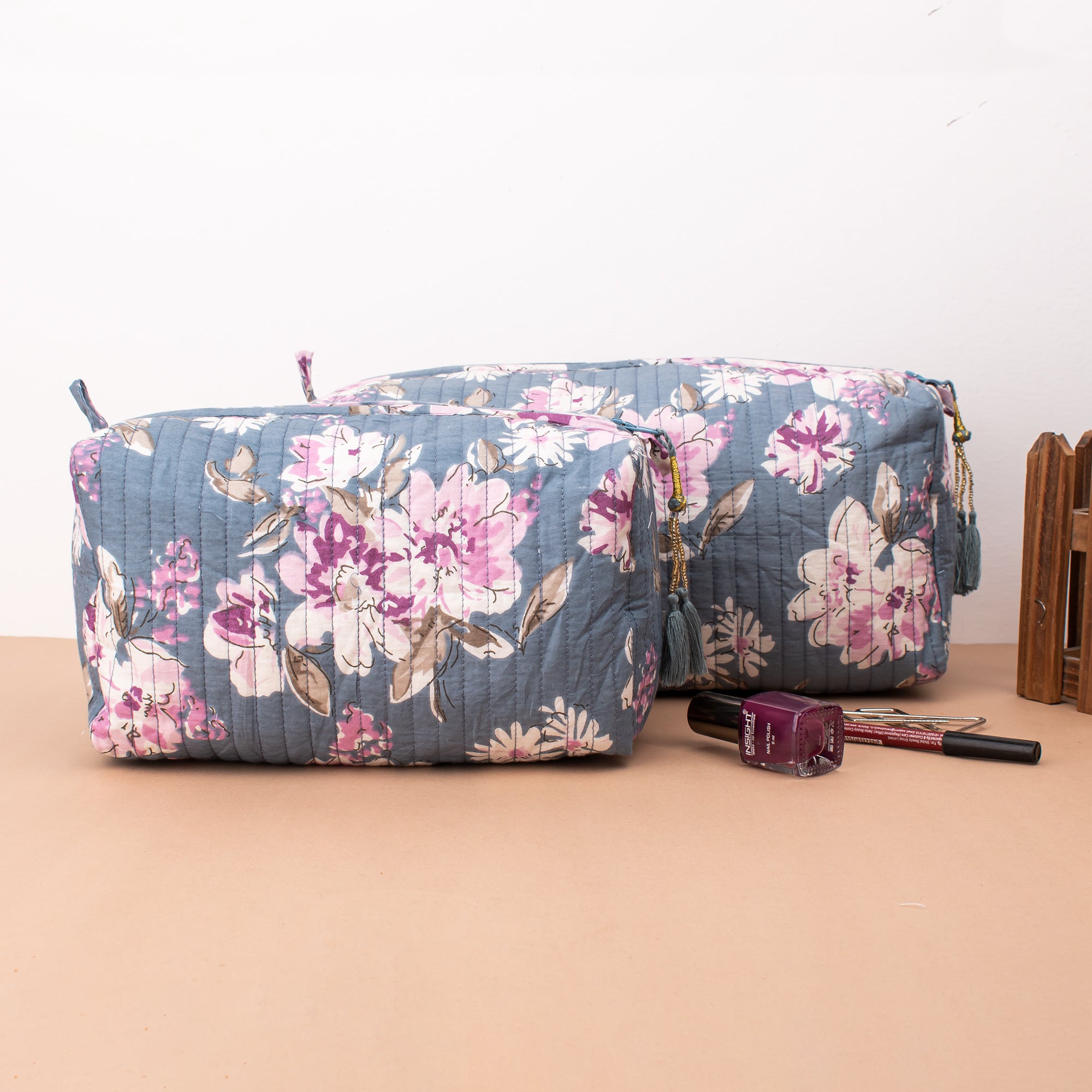 Handmade Cotton Quilted Wash Bag Set of 3 - Traditional Hand Block Print Toiletry Pouch for Travel, Gym & Cosmetics Storage | Eco-Friendly Bathroom Organizer