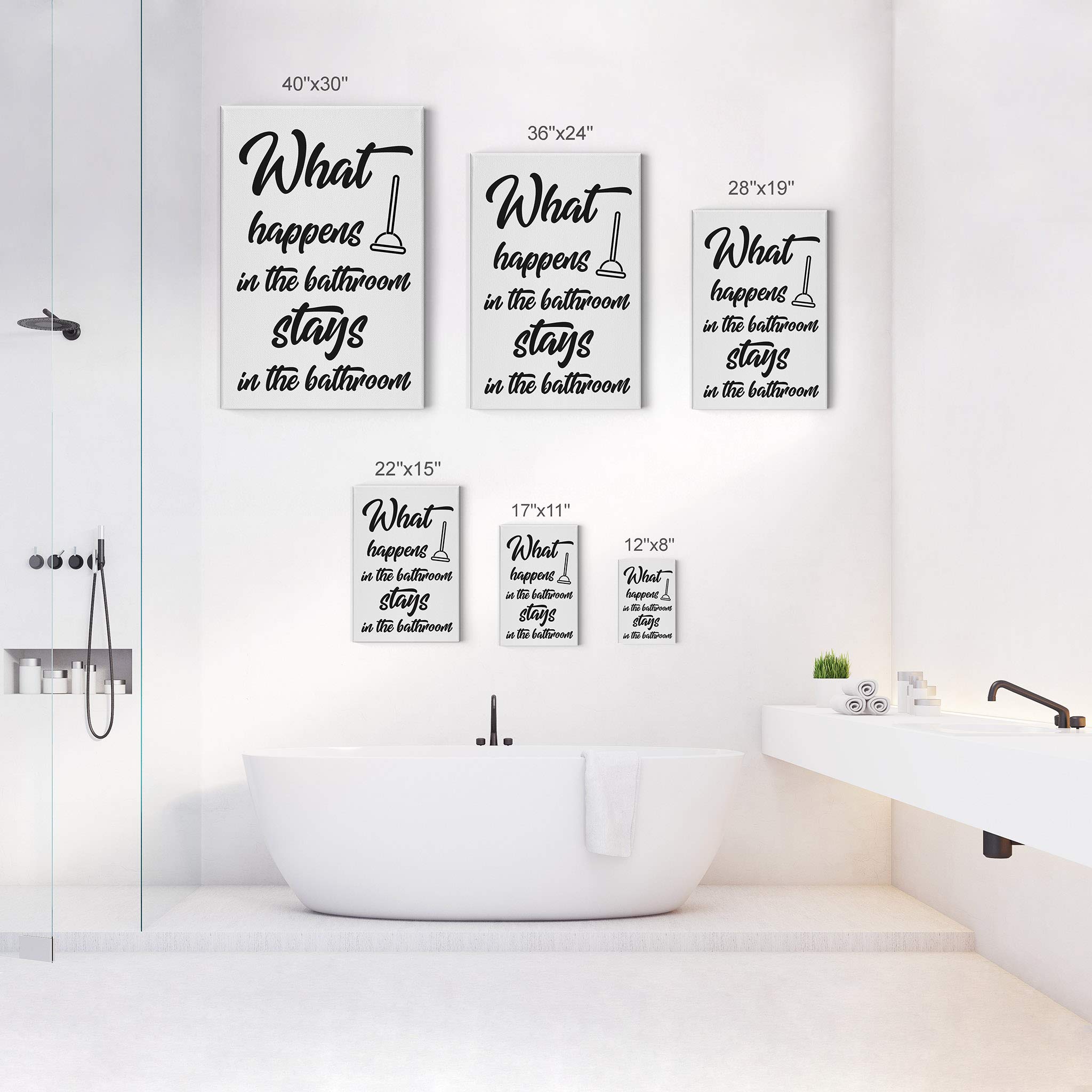 Funny Bathroom Wall Art Set - 4 Piece Canvas Prints with 'What Happens in the Bathroom' Quote - Ready to Hang Decor (28x19 inches each) - Perfect for Toilet Humor & Bathroom Decor Ideas