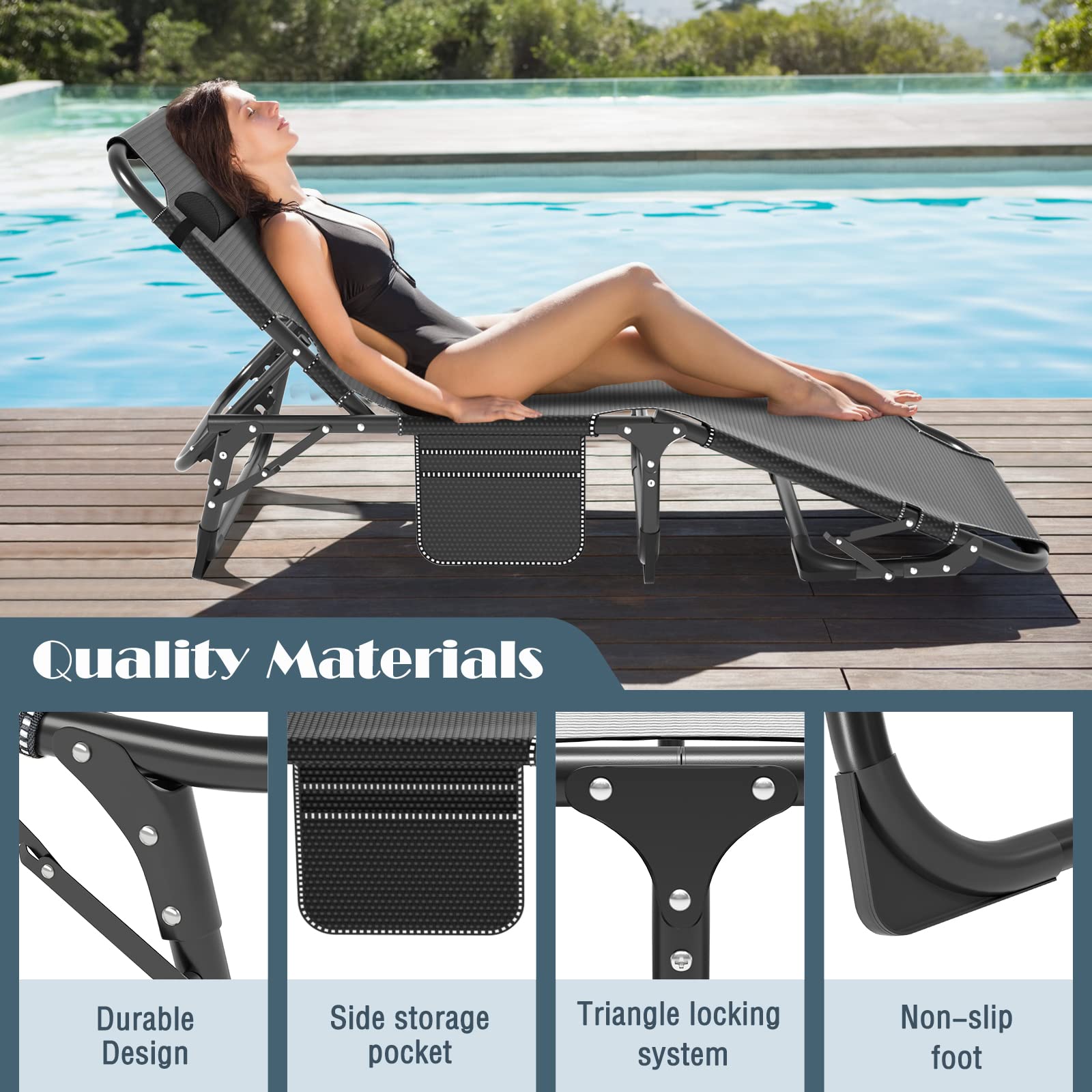 5-Position Reclining Folding Outdoor Chaise Lounge Chair - Portable Patio Sunbathing Chair for Adults, Perfect for Poolside, Beach, Camping, Backyard & Lawn Relaxation | Durable & Comfortable Sun Tanning & Sleeping Cot