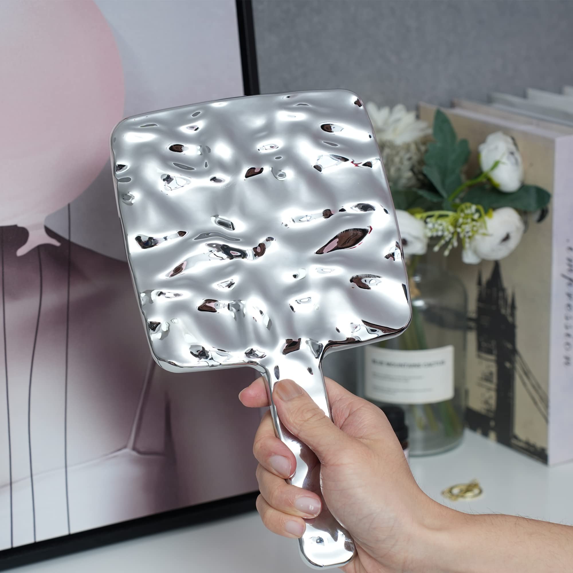 Electroplated Silver Square Handheld Mirror - 9 x 5.1 Inch Compact Makeup Mirror for Vanity, Travel & Professional Salon Use
