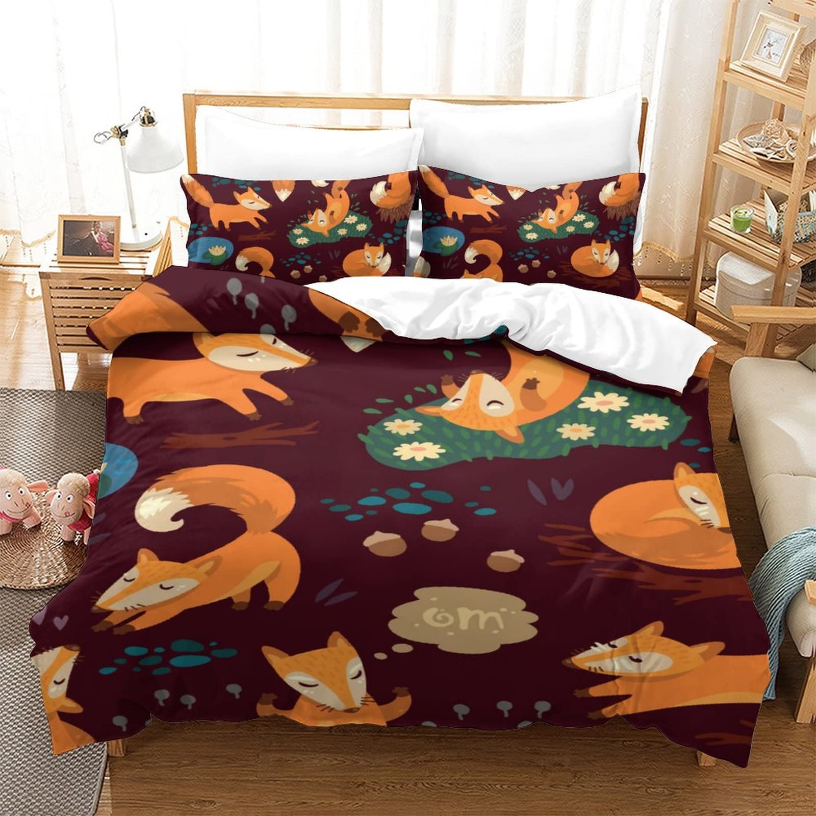 **Fox Print Kids Bedding Set - Cartoon Forest Theme Cute Fox Duvet Cover 3-Piece Set with Zipper Closure for Boys & Girls - Perfect for Nursery, Kids Room & Sleepovers**