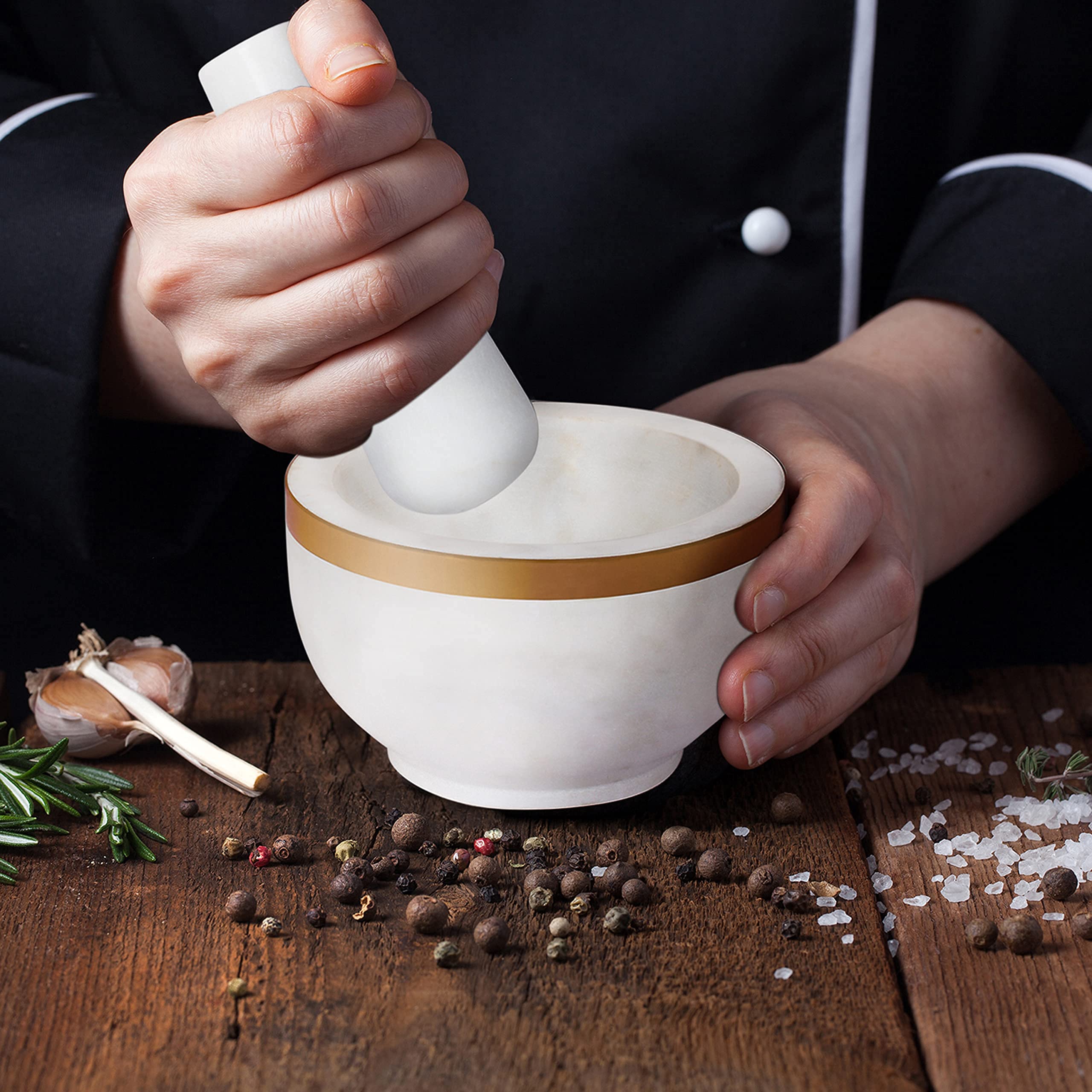 Premium Marble Mortar and Pestle Set with Brass Top - Heavy Duty Natural Stone Grinder for Spices, Herbs, Seasonings, Pastes & More - Perfect for Kitchen, Cooking, Ayurveda & Herbal Medicine Preparation