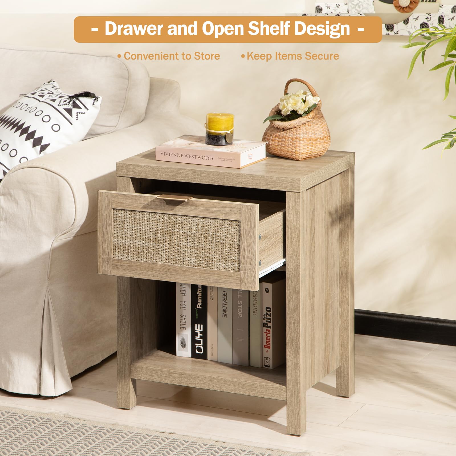 SICOTAS Rattan Night Stands - Farmhouse Boho End Side Table with Drawer & Open Shelf, Light Oak Bedside Table for Bedroom - Perfect for Small Spaces, Guest Rooms & Cozy Home Decor