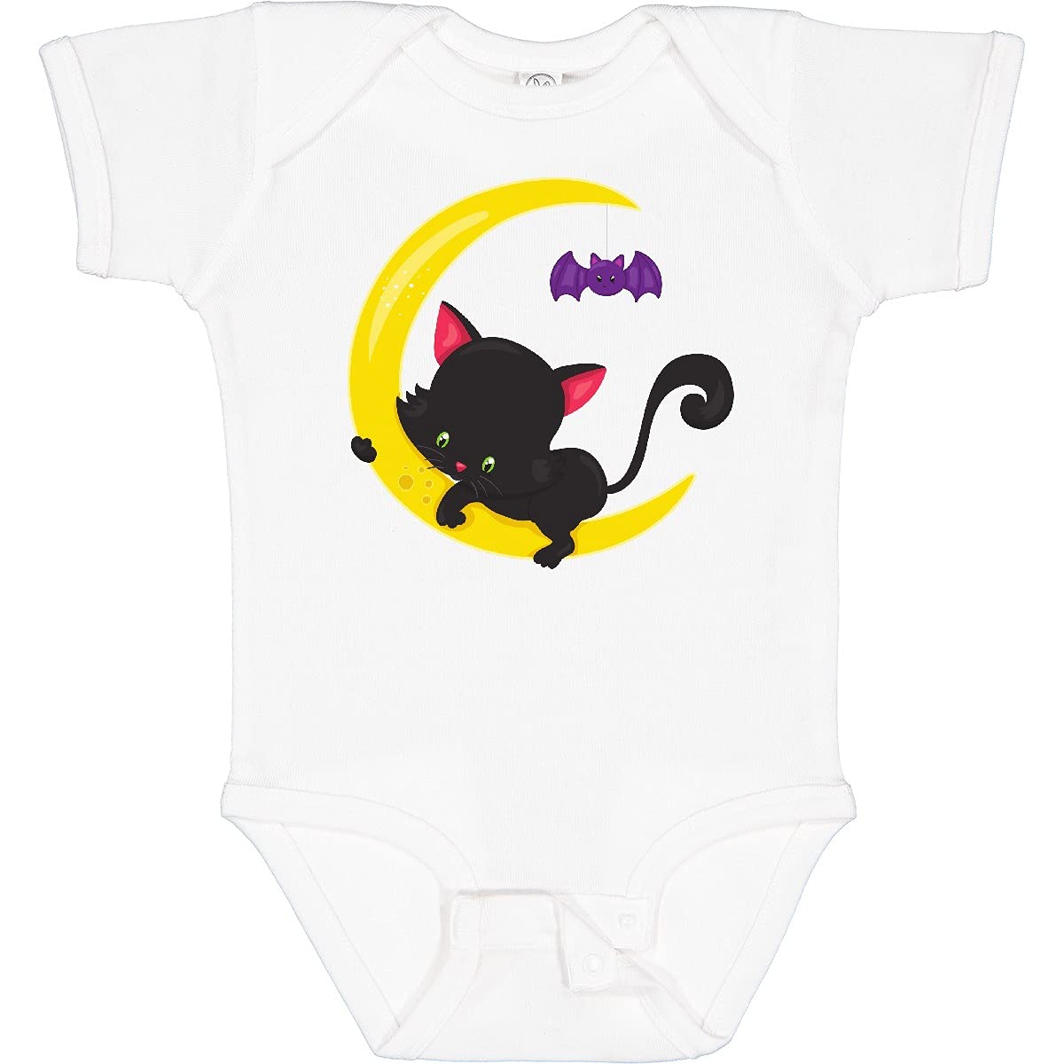 Inktastic Halloween Cat Baby Bodysuit - Cute Black Cat with Moon and Bat Design for Infants | Perfect for Halloween Costumes, Photo Shoots & Holiday Outfits