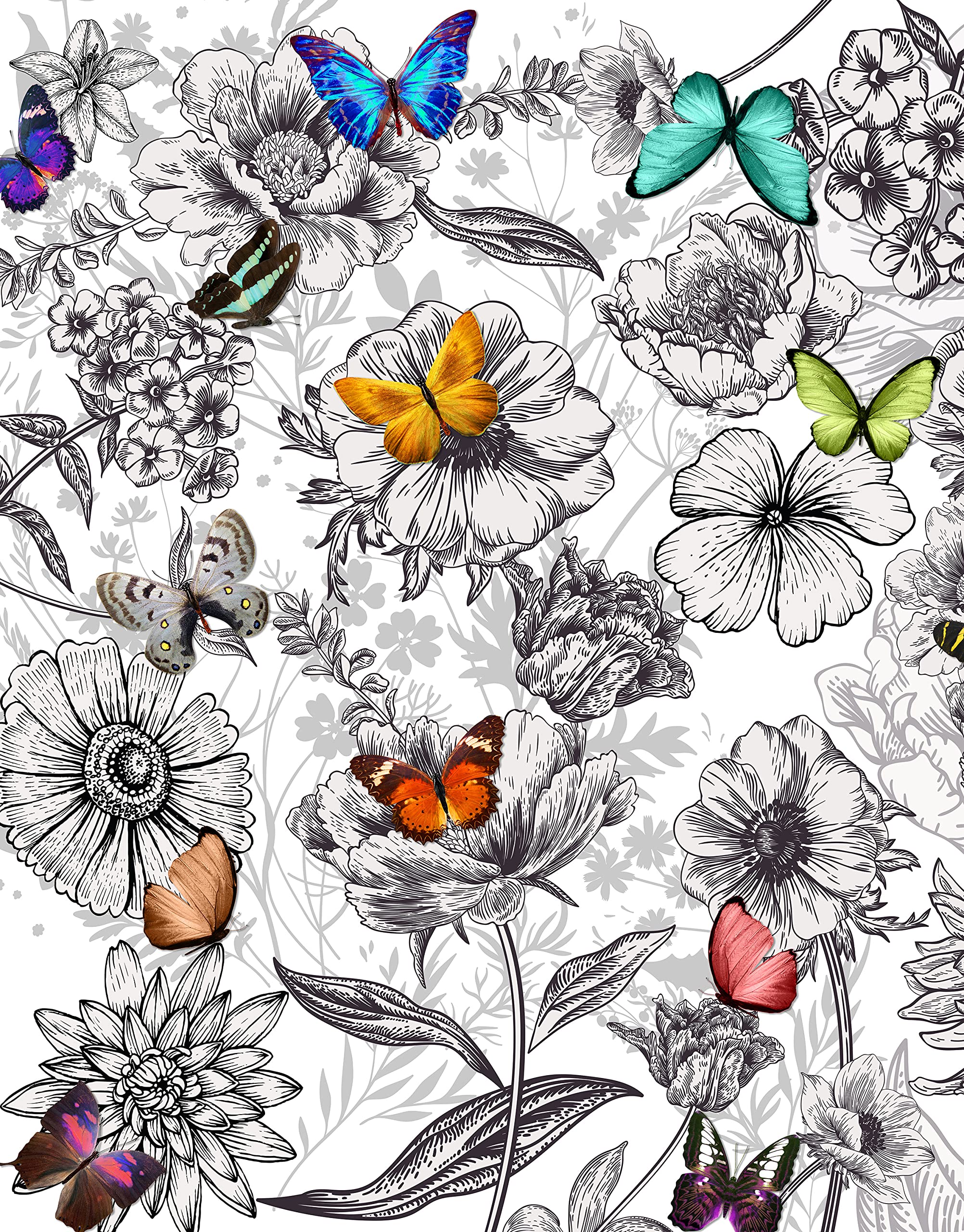 Butterflies in Flower Garden Wall Mural - Retro Black and White Floral Peel and Stick Wallpaper - 9ft x 8ft Removable Decal for Living Room, Bedroom, Nursery or Office Decor