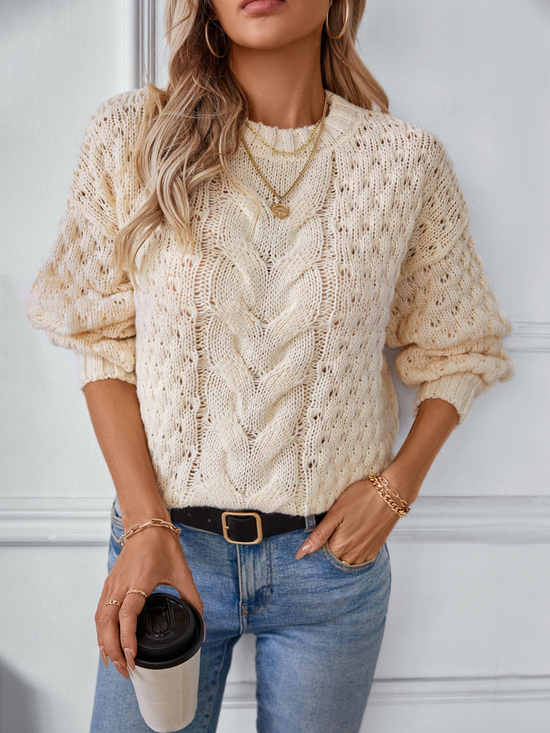 Cozy Cable Knit Round Neck Long Sleeve Sweater for Women - Winter Warm Pullover Casual Tops | Perfect for Office, Date Night & Holiday Outfits