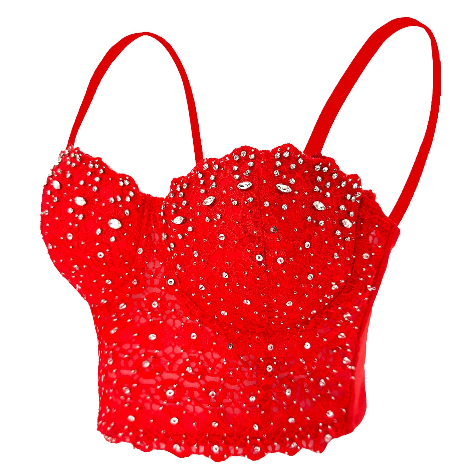 ELLACCI Women's Sexy Red Lace Rhinestone Bustier Crop Top - Mesh Corset Bra for Clubwear, Date Night & Boudoir Photography