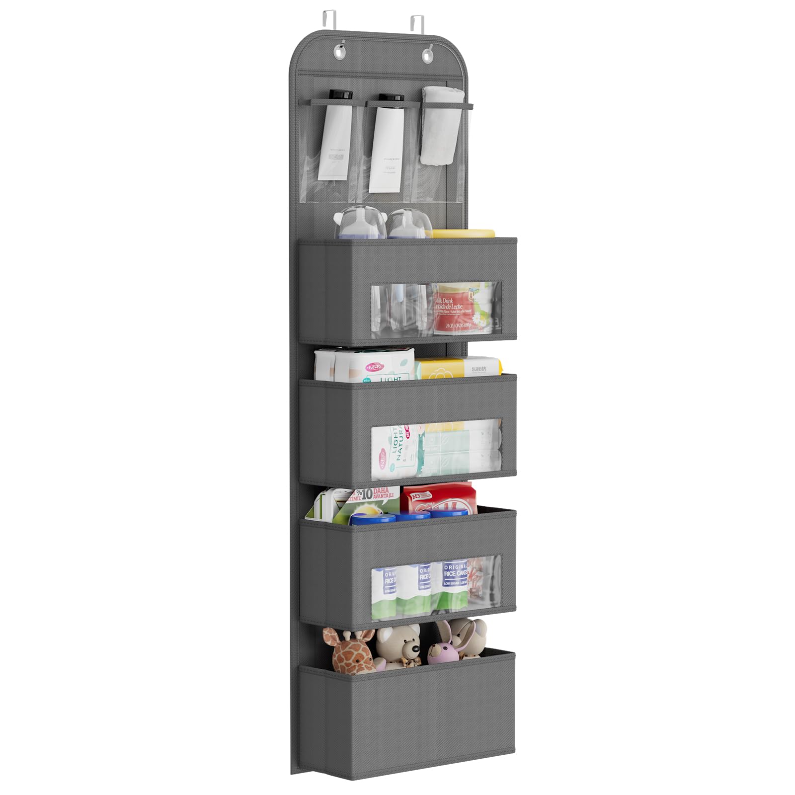 Over The Door Organizer with 4 Shelves - Space Saving Hanging Storage for Nursery, Closet & Bathroom - Grey (Perfect for Baby Supplies, Toys & Bathroom Essentials)